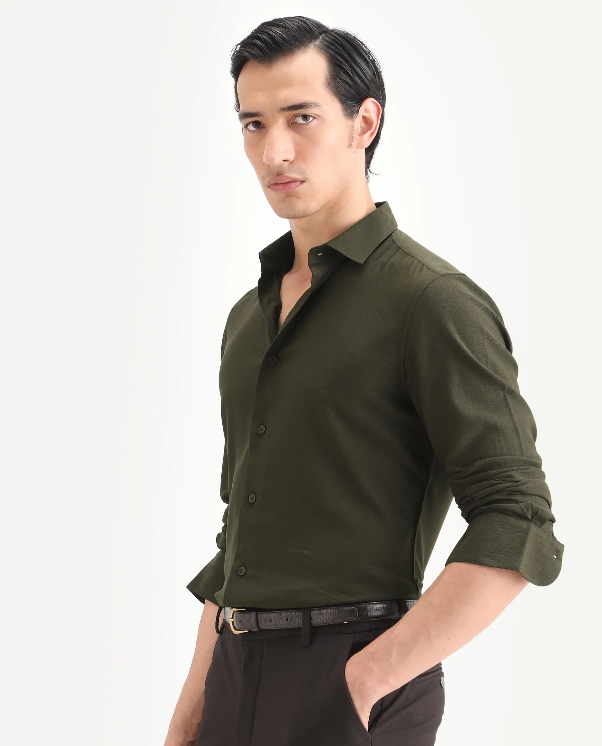 Rare Rabbit Men's Mer-Ss26 Dark Olive Viscose Blend Fabric Full Sleeve Spread Collar Regular Fit Plain Shirt - Image 5