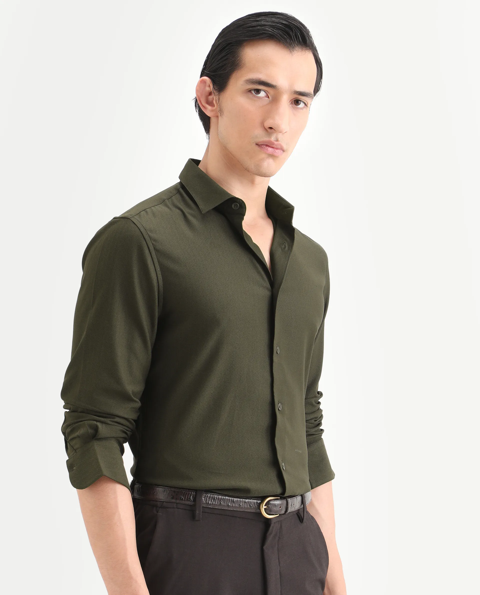 Rare Rabbit Men's Mer-Ss26 Dark Olive Viscose Blend Fabric Full Sleeve Spread Collar Regular Fit Plain Shirt - Image 6