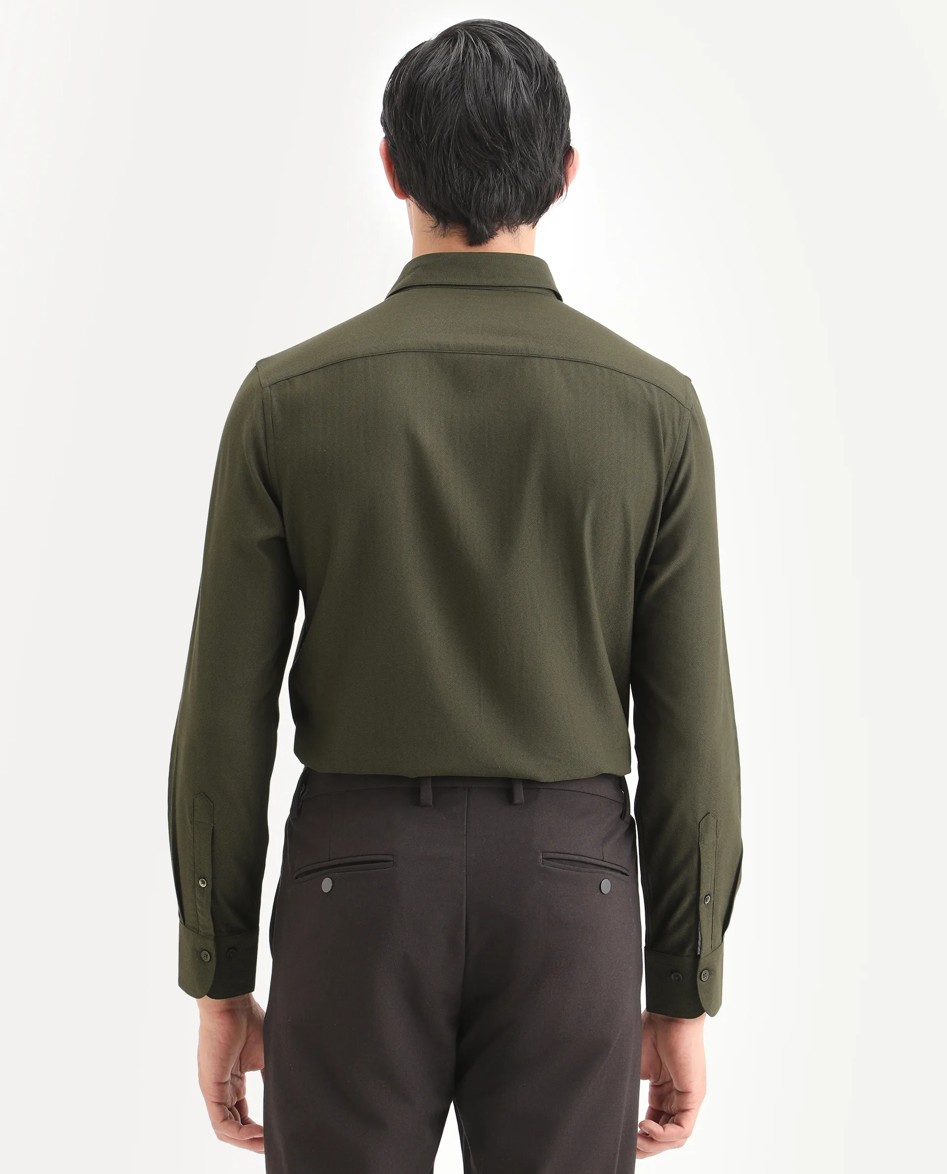 Rare Rabbit Men's Mer-Ss26 Dark Olive Viscose Blend Fabric Full Sleeve Spread Collar Regular Fit Plain Shirt - Image 7
