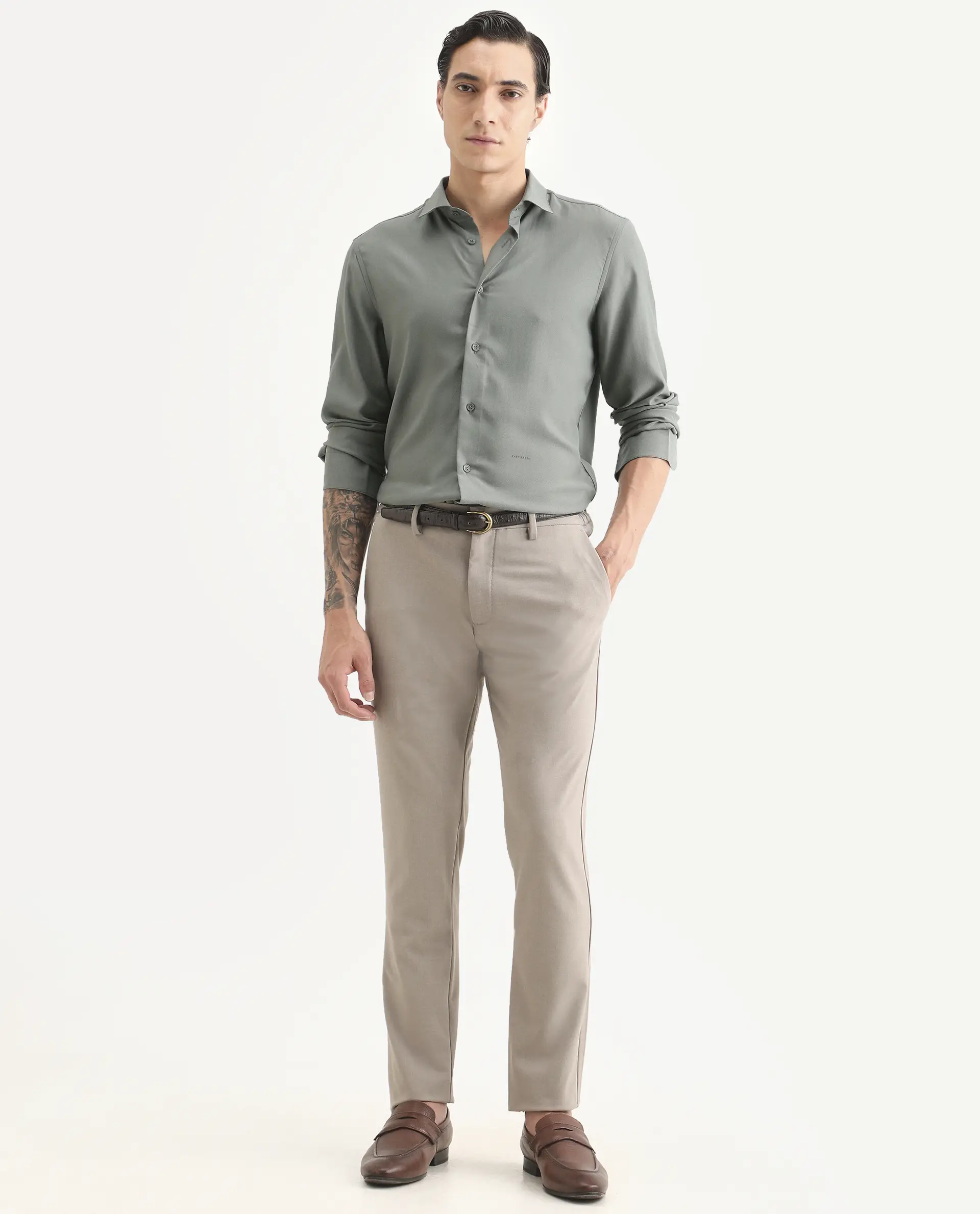 Rare Rabbit Men's Mer-Ss26 Dusky Green Viscose Blend Fabric Full Sleeve Spread Collar Regular Fit Plain Shirt - Image 2