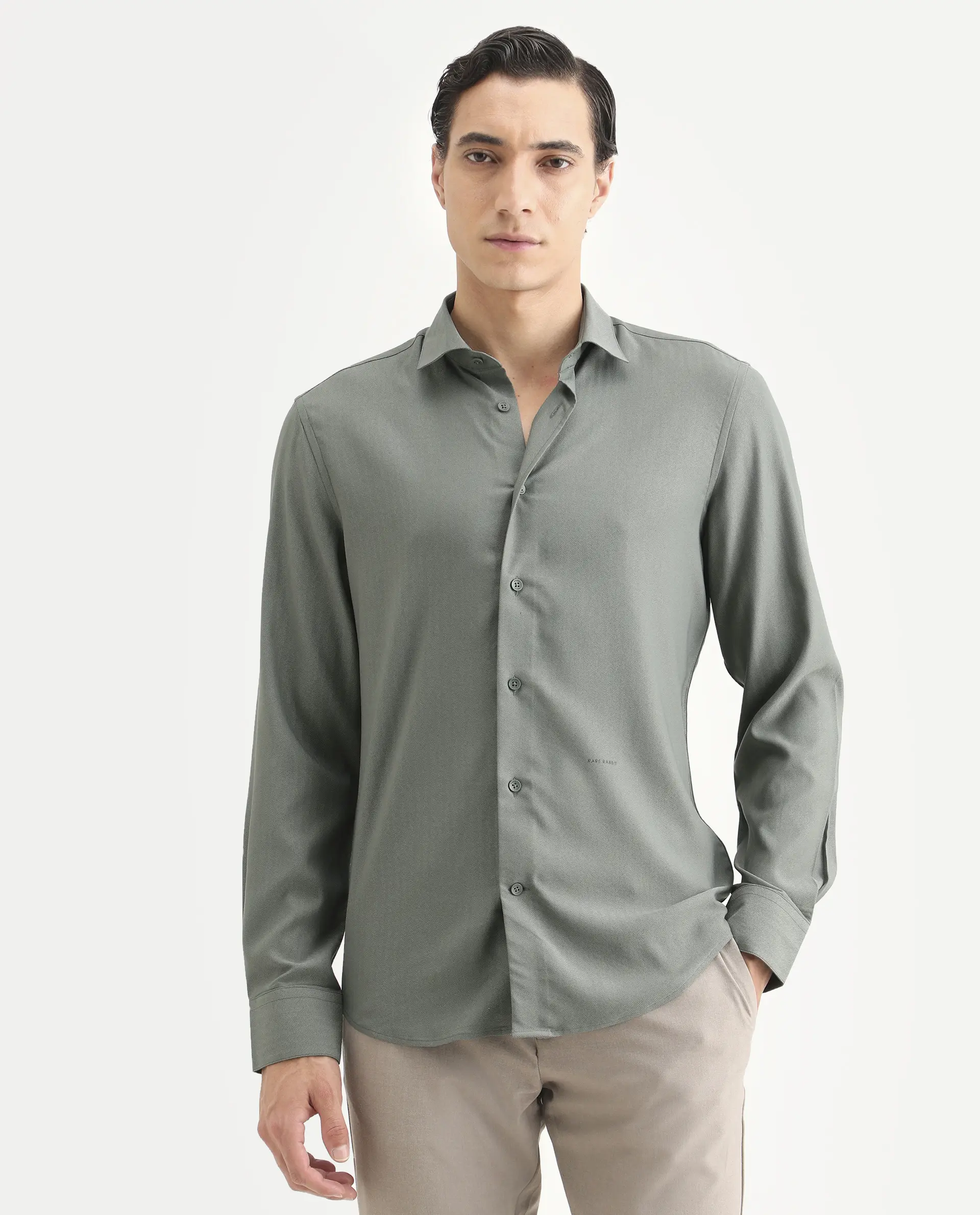 Rare Rabbit Men's Mer-Ss26 Dusky Green Viscose Blend Fabric Full Sleeve Spread Collar Regular Fit Plain Shirt - Image 4