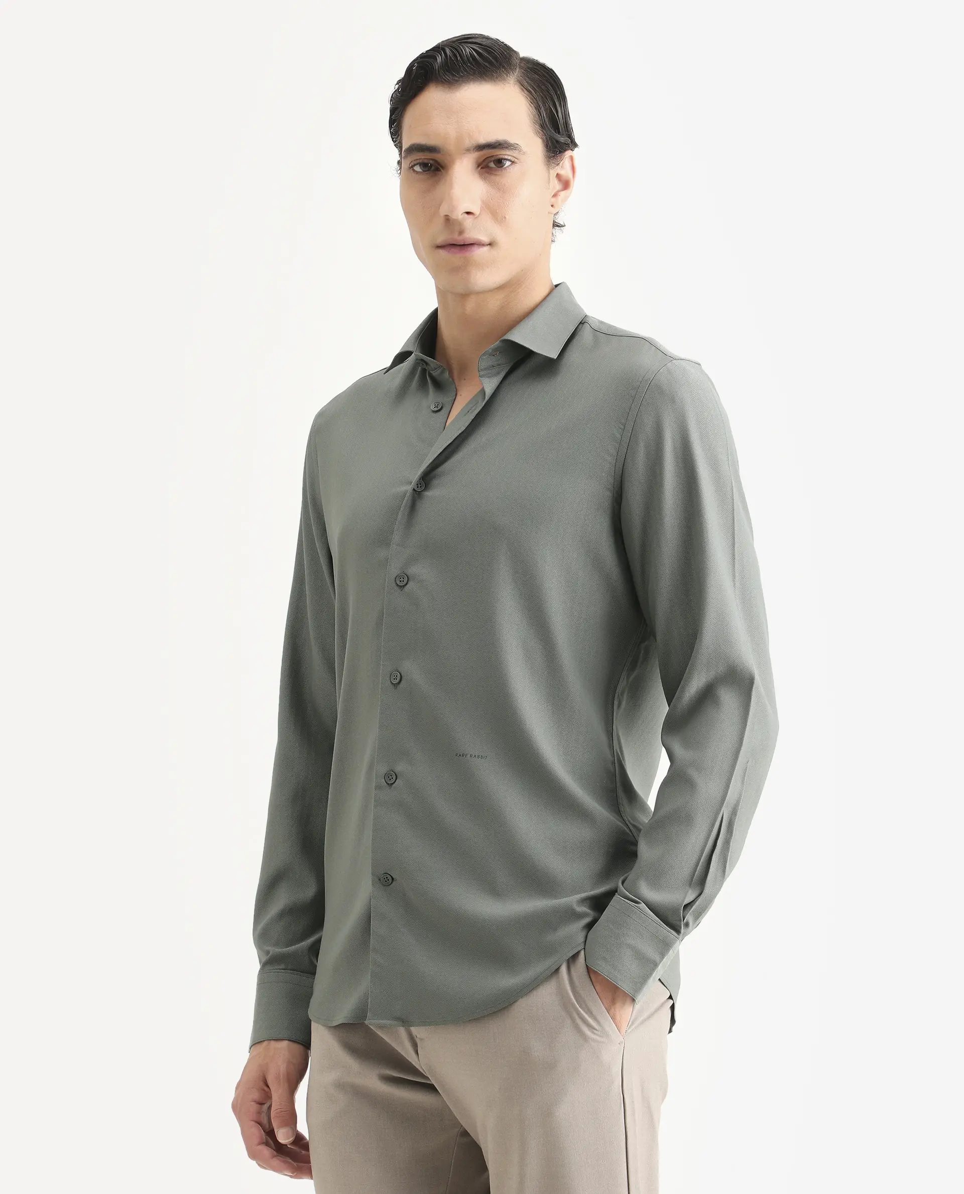 Rare Rabbit Men's Mer-Ss26 Dusky Green Viscose Blend Fabric Full Sleeve Spread Collar Regular Fit Plain Shirt - Image 5