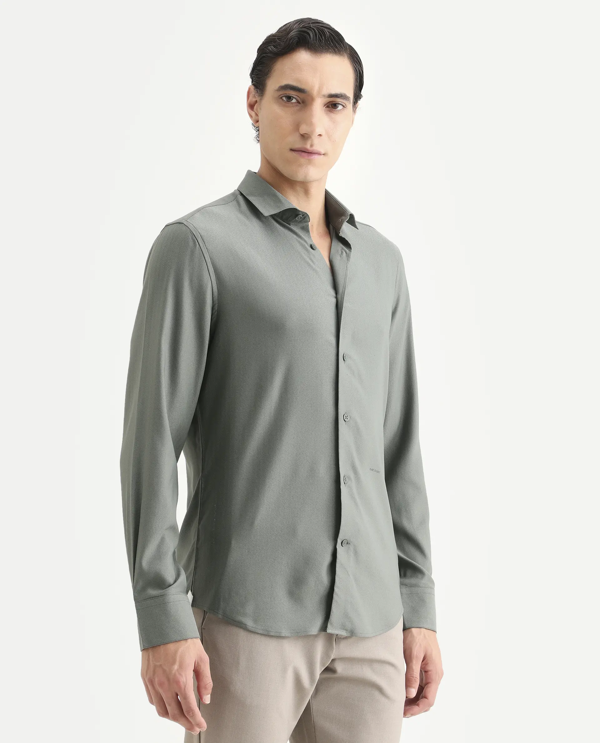 Rare Rabbit Men's Mer-Ss26 Dusky Green Viscose Blend Fabric Full Sleeve Spread Collar Regular Fit Plain Shirt - Image 6