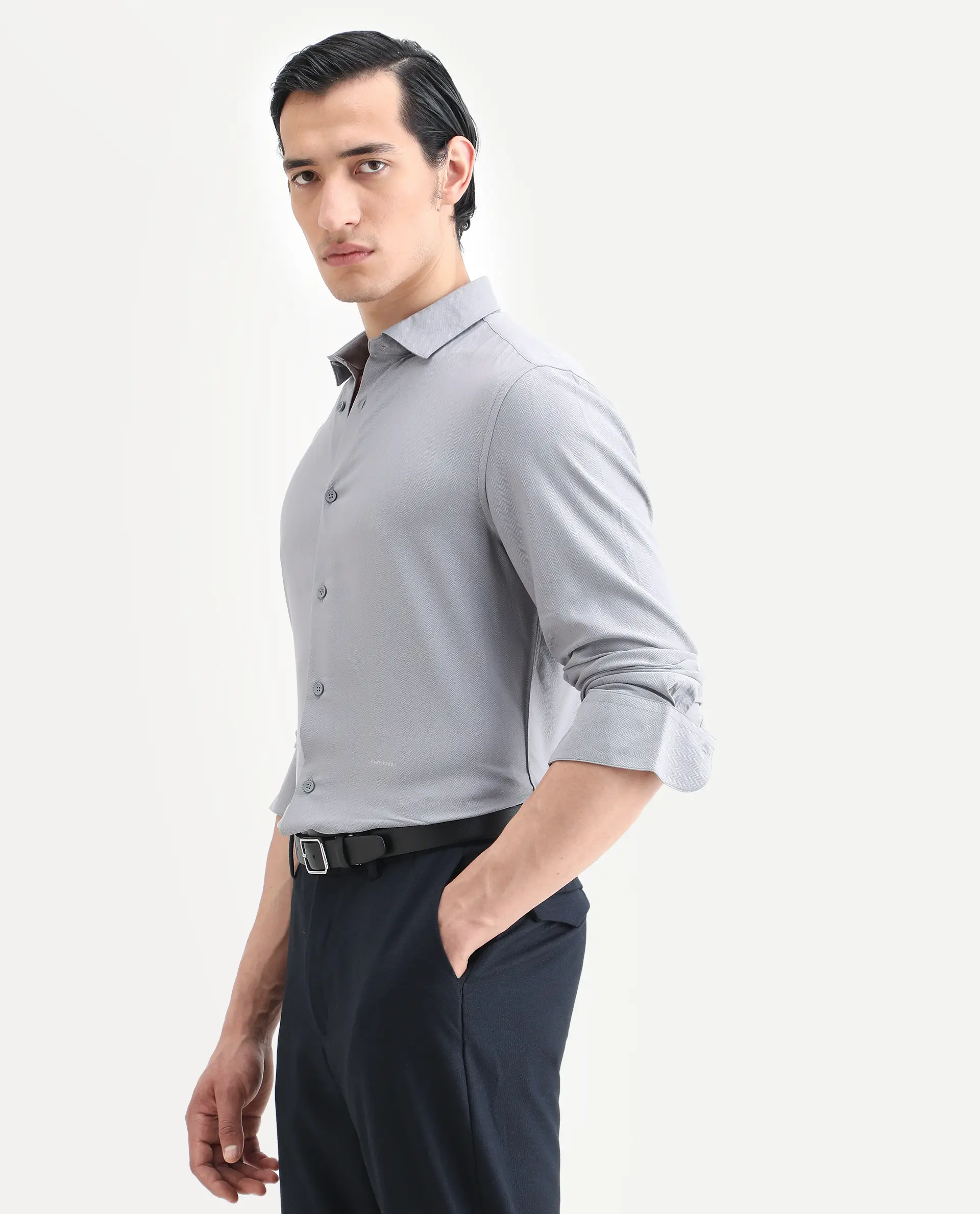 Rare Rabbit Men's Mer-Ss26 Grey Viscose Blend Fabric Full Sleeve Spread Collar Regular Fit Plain Shirt - Image 3