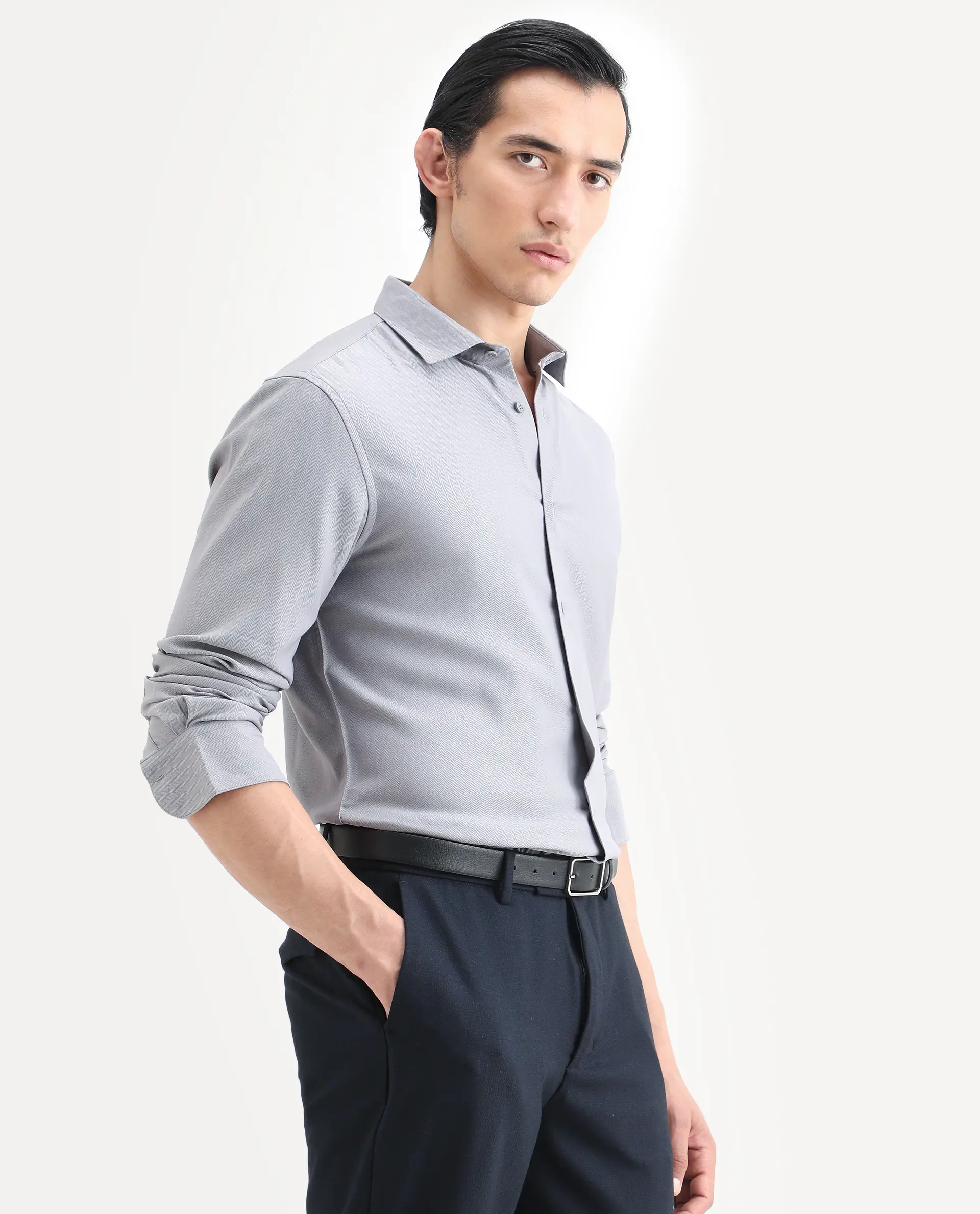 Rare Rabbit Men's Mer-Ss26 Grey Viscose Blend Fabric Full Sleeve Spread Collar Regular Fit Plain Shirt - Image 4