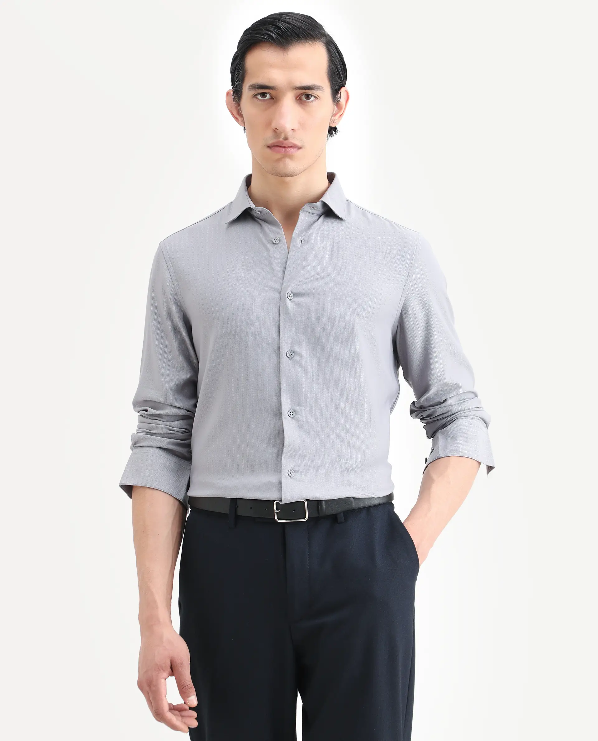 Rare Rabbit Men's Mer-Ss26 Grey Viscose Blend Fabric Full Sleeve Spread Collar Regular Fit Plain Shirt - Image 6