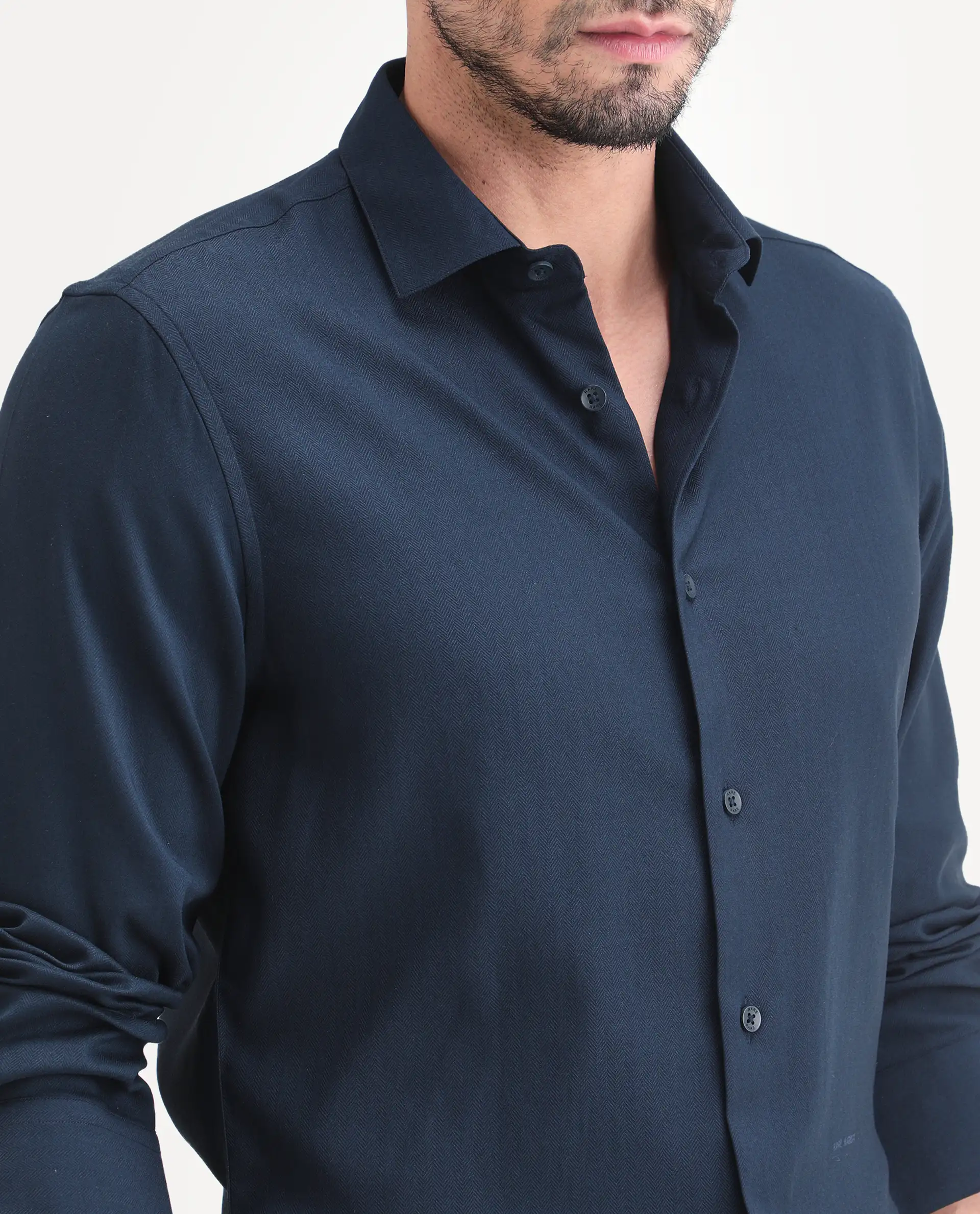 Rare Rabbit Men's Mer-Ss26 Navy Viscose Blend Fabric Full Sleeve Spread Collar Regular Fit Plain Shirt - Image 3