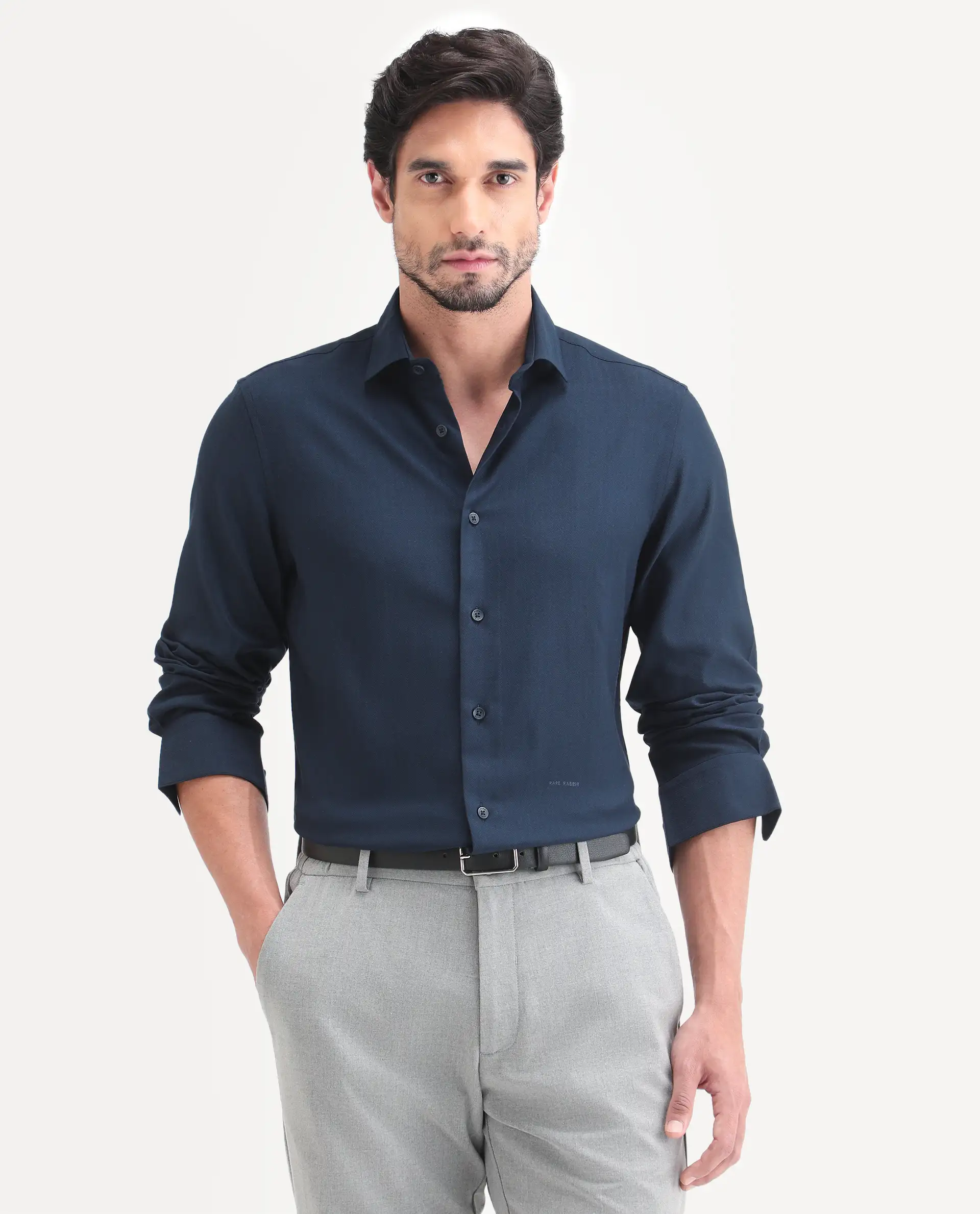 Rare Rabbit Men's Mer-Ss26 Navy Viscose Blend Fabric Full Sleeve Spread Collar Regular Fit Plain Shirt - Image 4