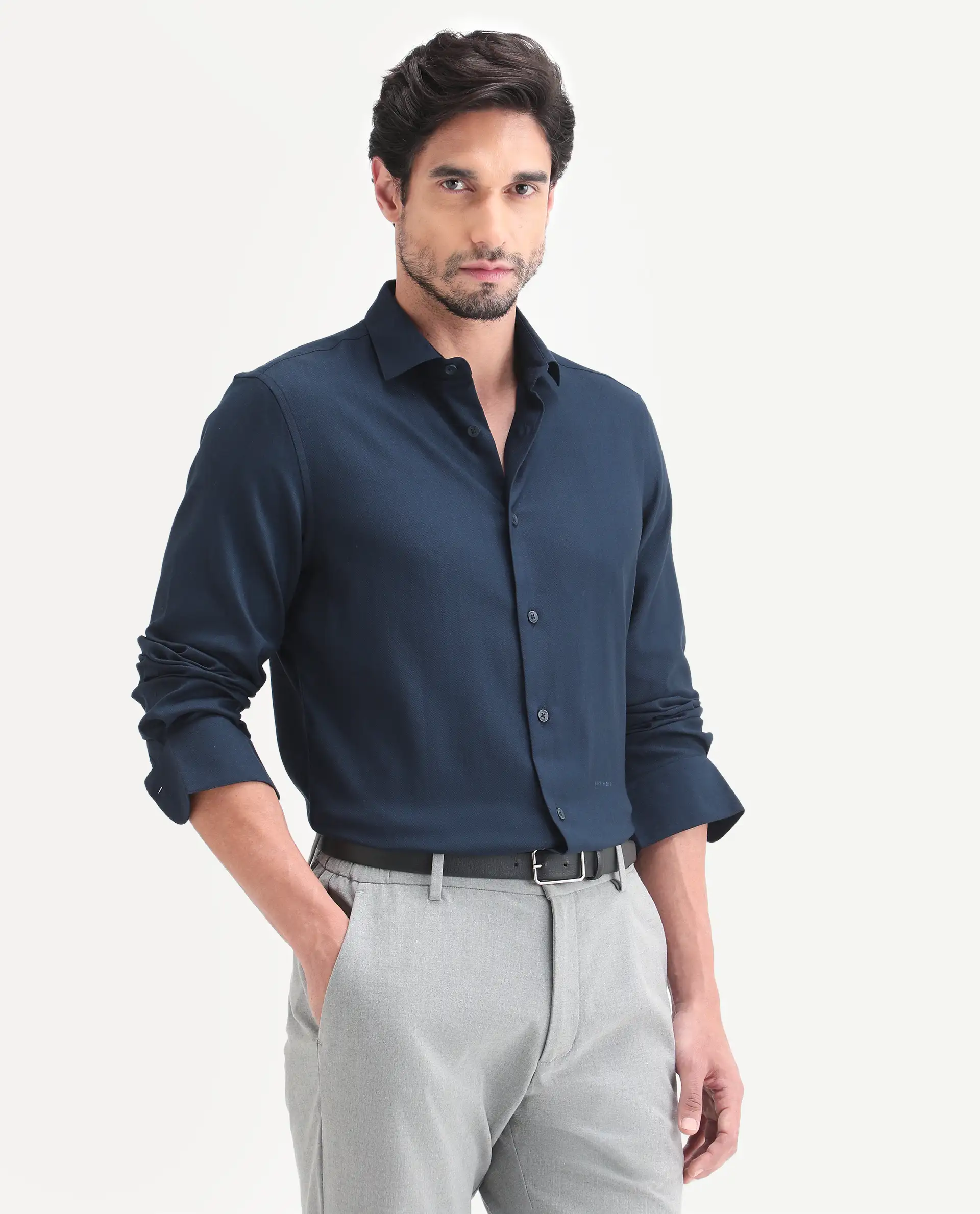 Rare Rabbit Men's Mer-Ss26 Navy Viscose Blend Fabric Full Sleeve Spread Collar Regular Fit Plain Shirt - Image 5