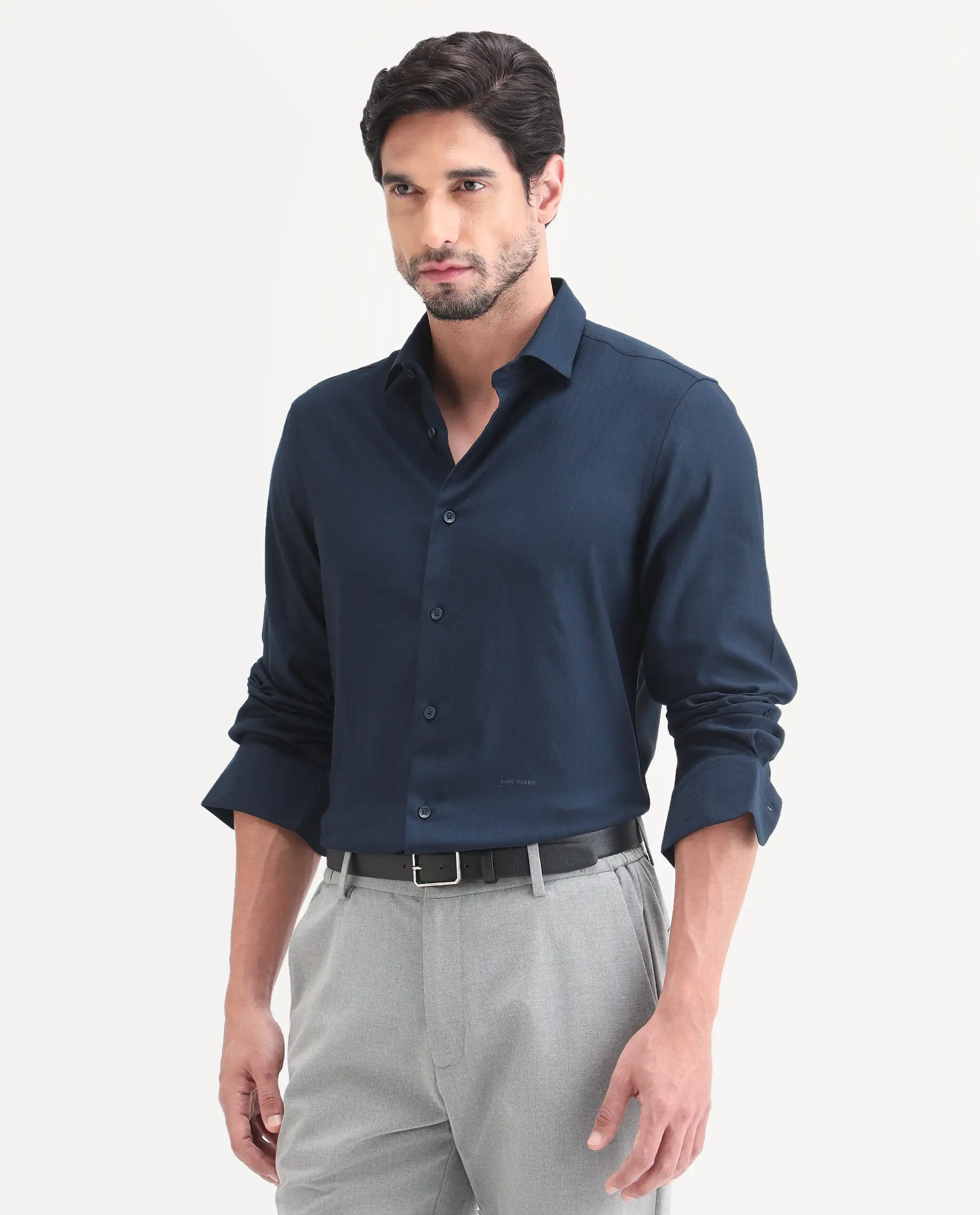 Rare Rabbit Men's Mer-Ss26 Navy Viscose Blend Fabric Full Sleeve Spread Collar Regular Fit Plain Shirt - Image 6