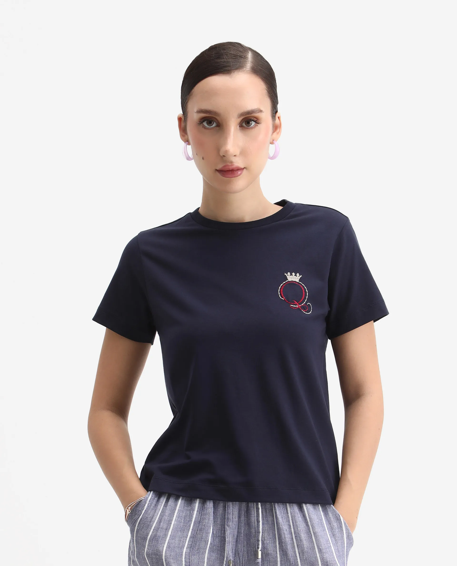 Rareism Women's Mer Navy Cotton Blend Crew Neck Regular Fit Printed T-Shirt - Image 3