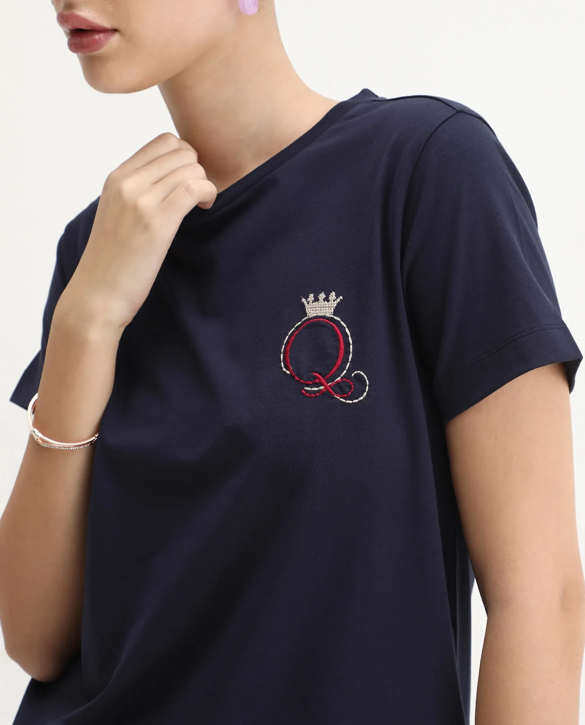 Rareism Women's Mer Navy Cotton Blend Crew Neck Regular Fit Printed T-Shirt - Image 4