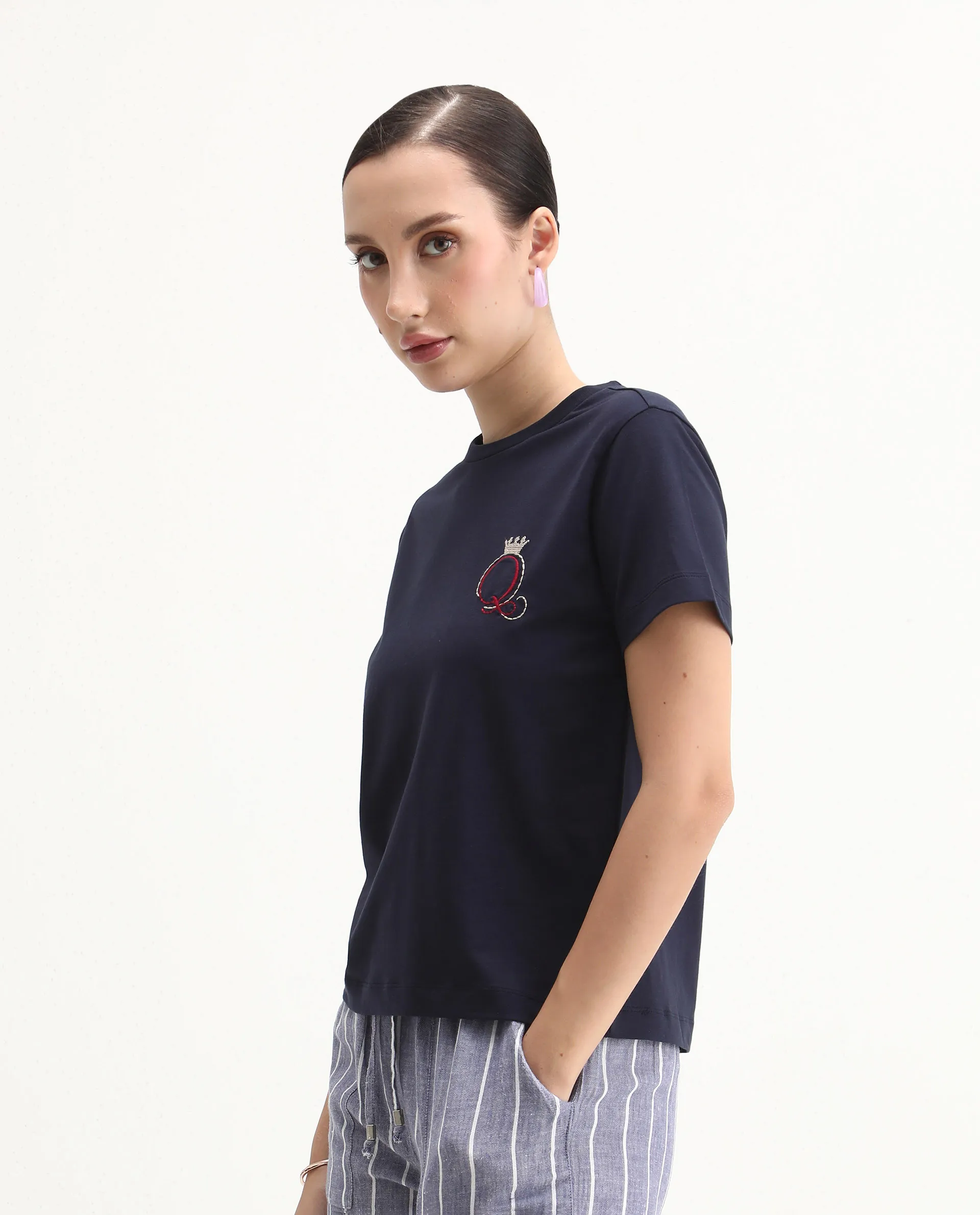 Rareism Women's Mer Navy Cotton Blend Crew Neck Regular Fit Printed T-Shirt - Image 5