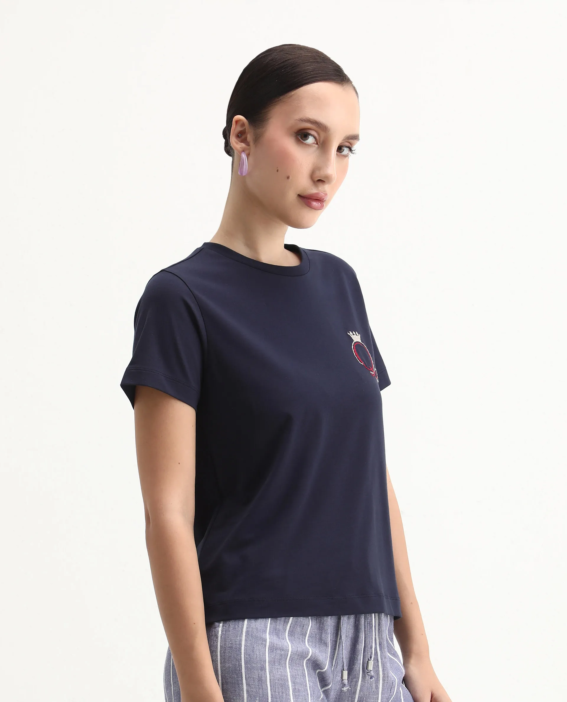 Rareism Women's Mer Navy Cotton Blend Crew Neck Regular Fit Printed T-Shirt - Image 6