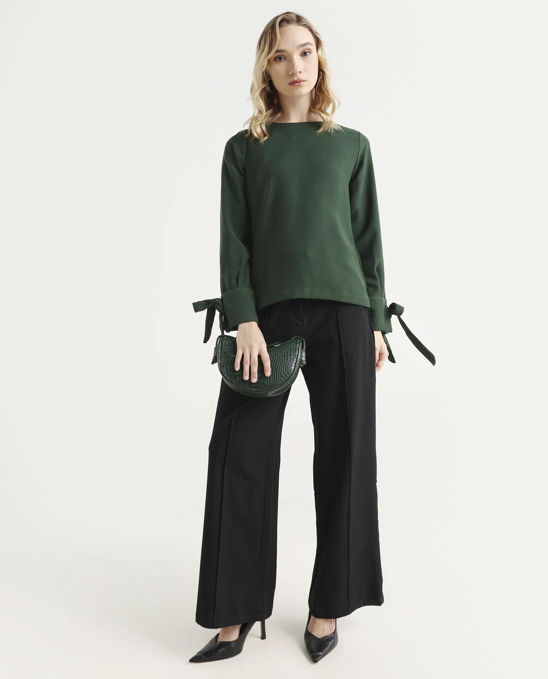 Rareism Women's Merach Green Polyester Boat Neck Plain Regular Fit Top - Image 2