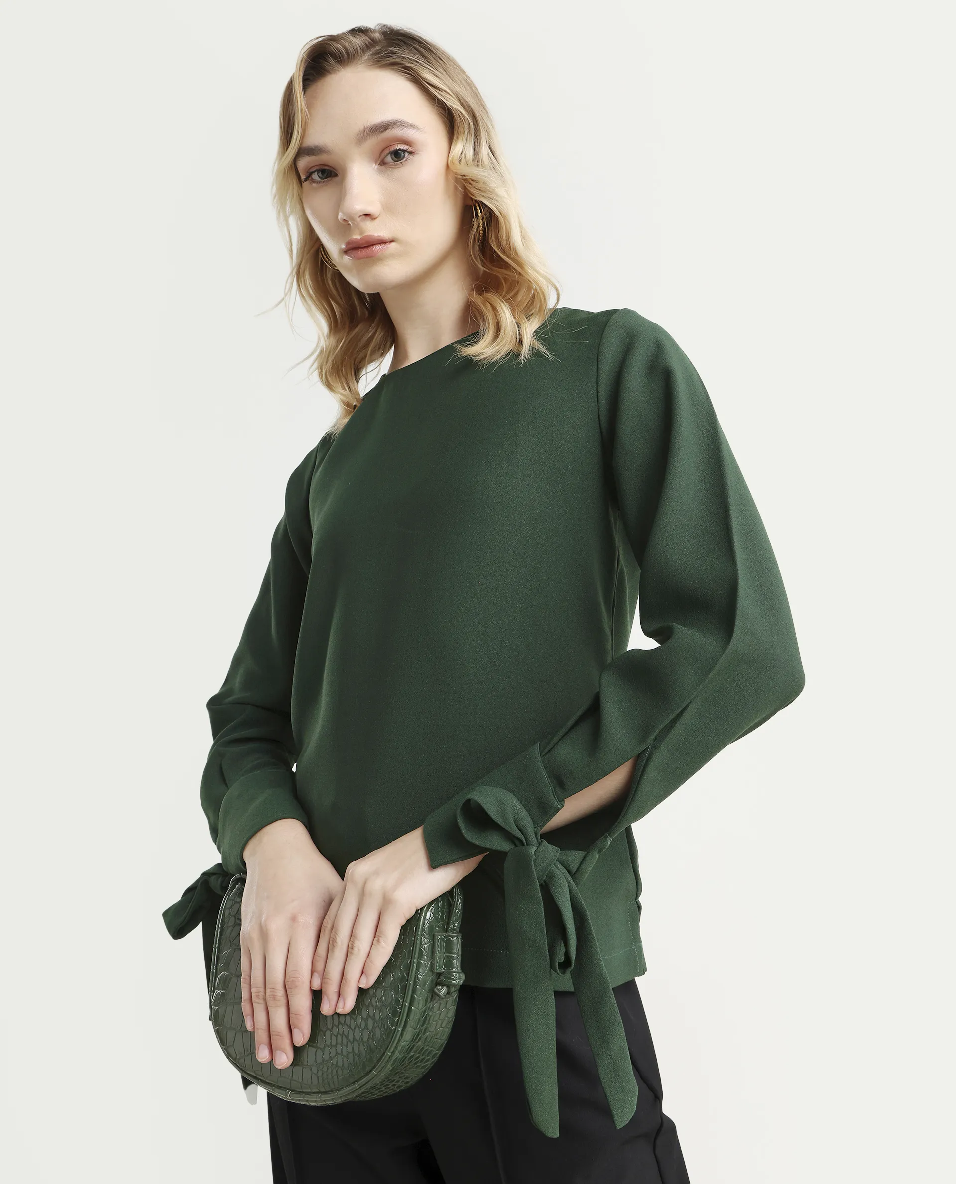Rareism Women's Merach Green Polyester Boat Neck Plain Regular Fit Top - Image 4