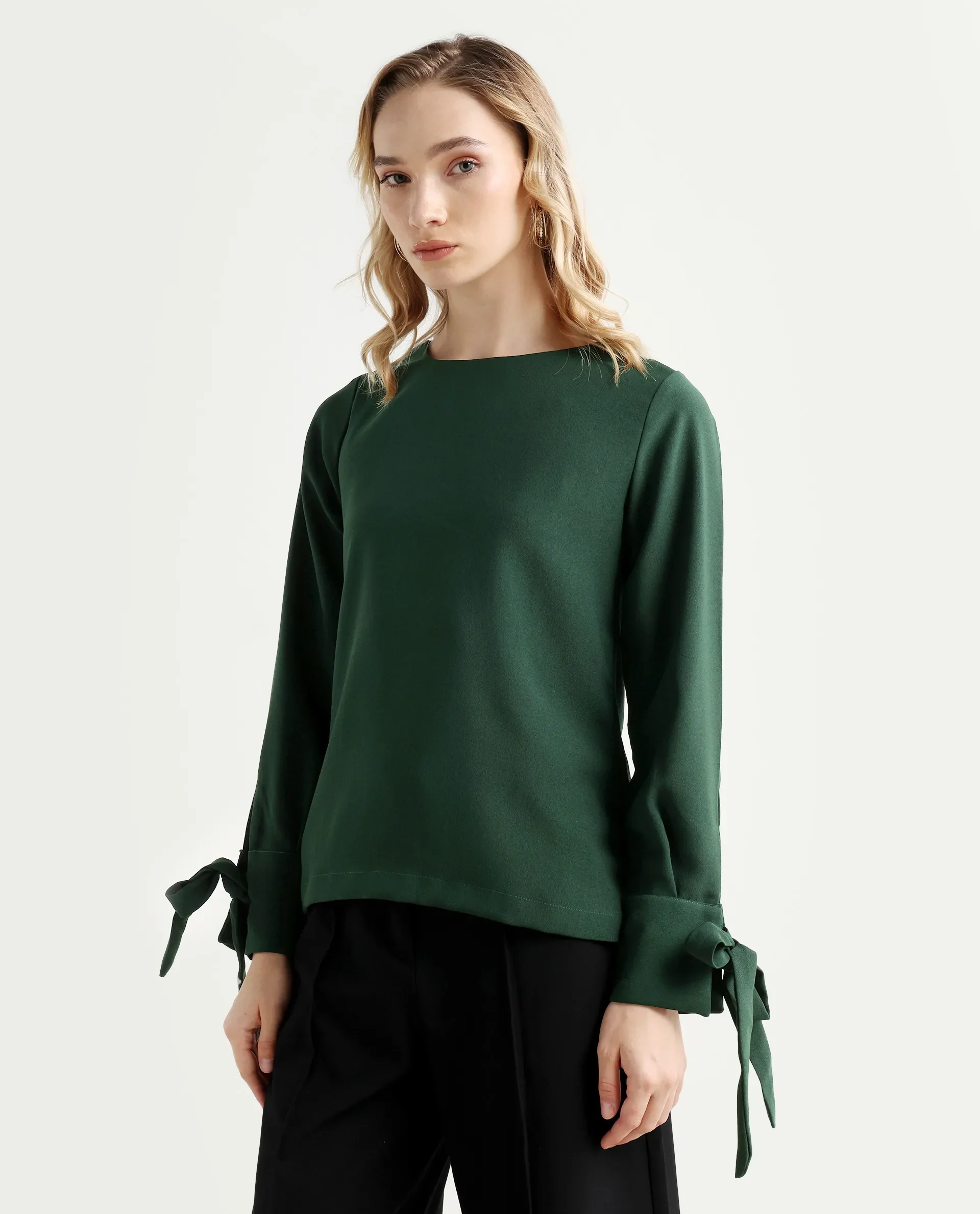 Rareism Women's Merach Green Polyester Boat Neck Plain Regular Fit Top - Image 5
