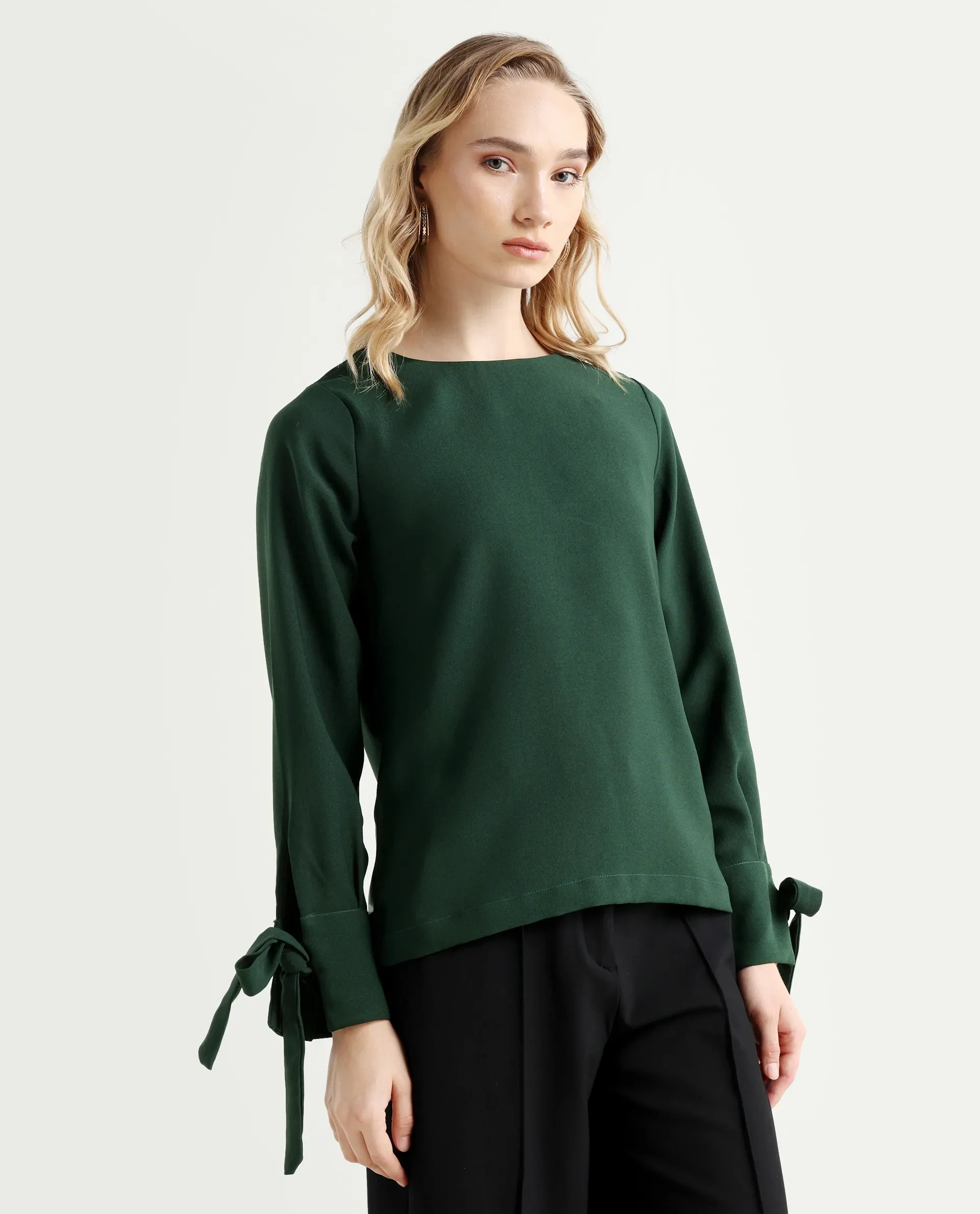 Rareism Women's Merach Green Polyester Boat Neck Plain Regular Fit Top - Image 6