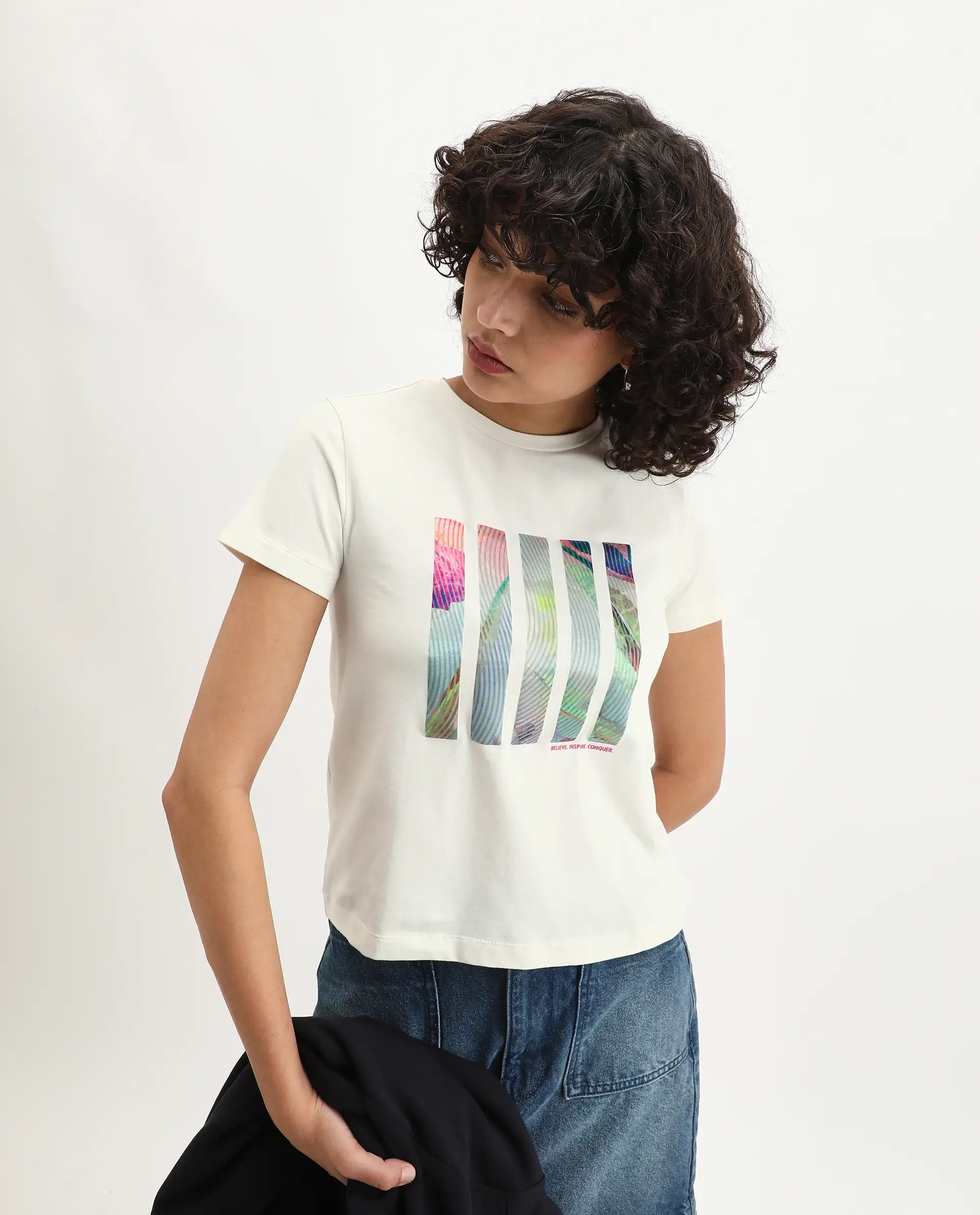 Rareism Women's Merch Off White Cotton Blend Crew Neck Graphic Print Regular Fit T-Shirt - Image 2