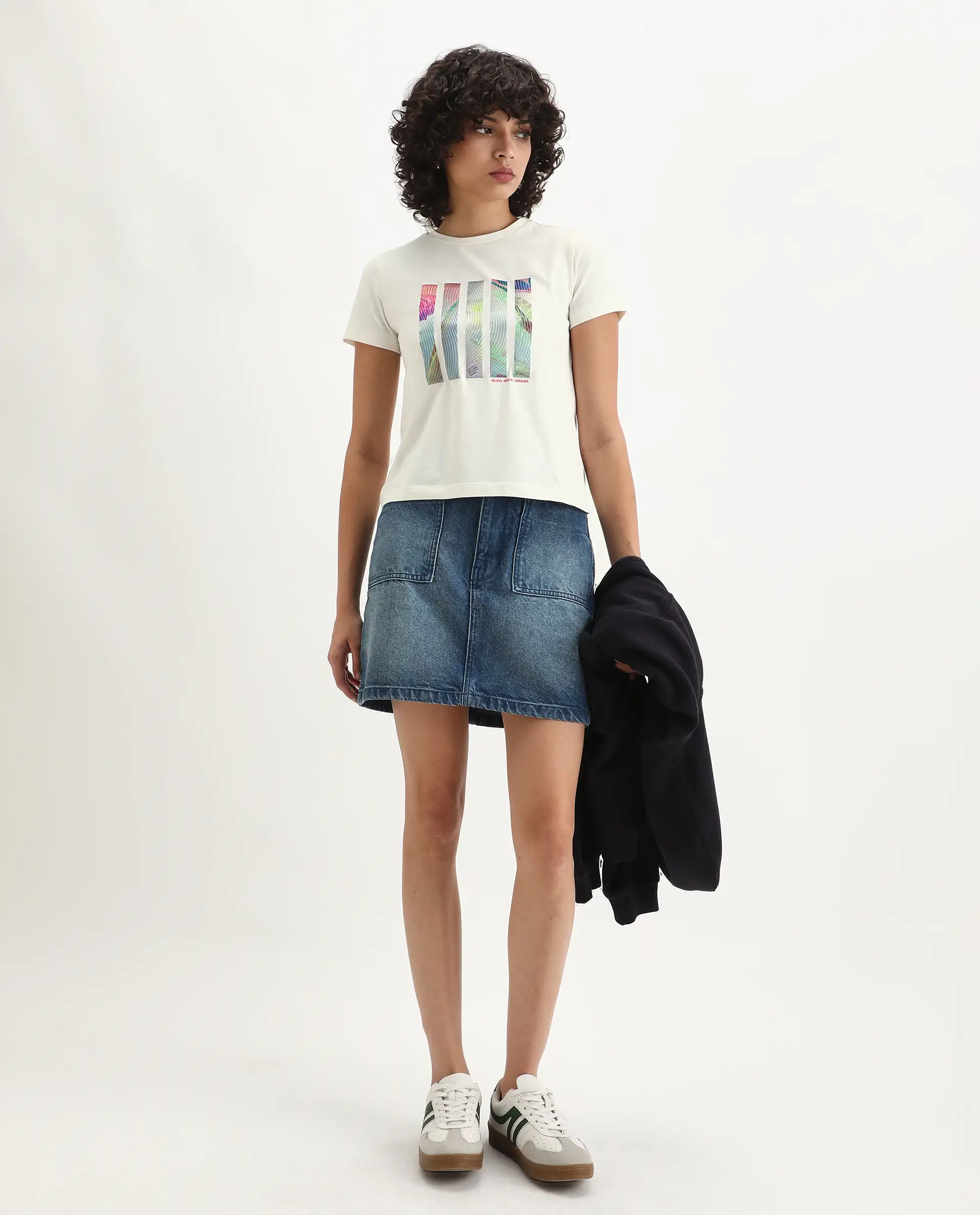 Rareism Women's Merch Off White Cotton Blend Crew Neck Graphic Print Regular Fit T-Shirt - Image 3