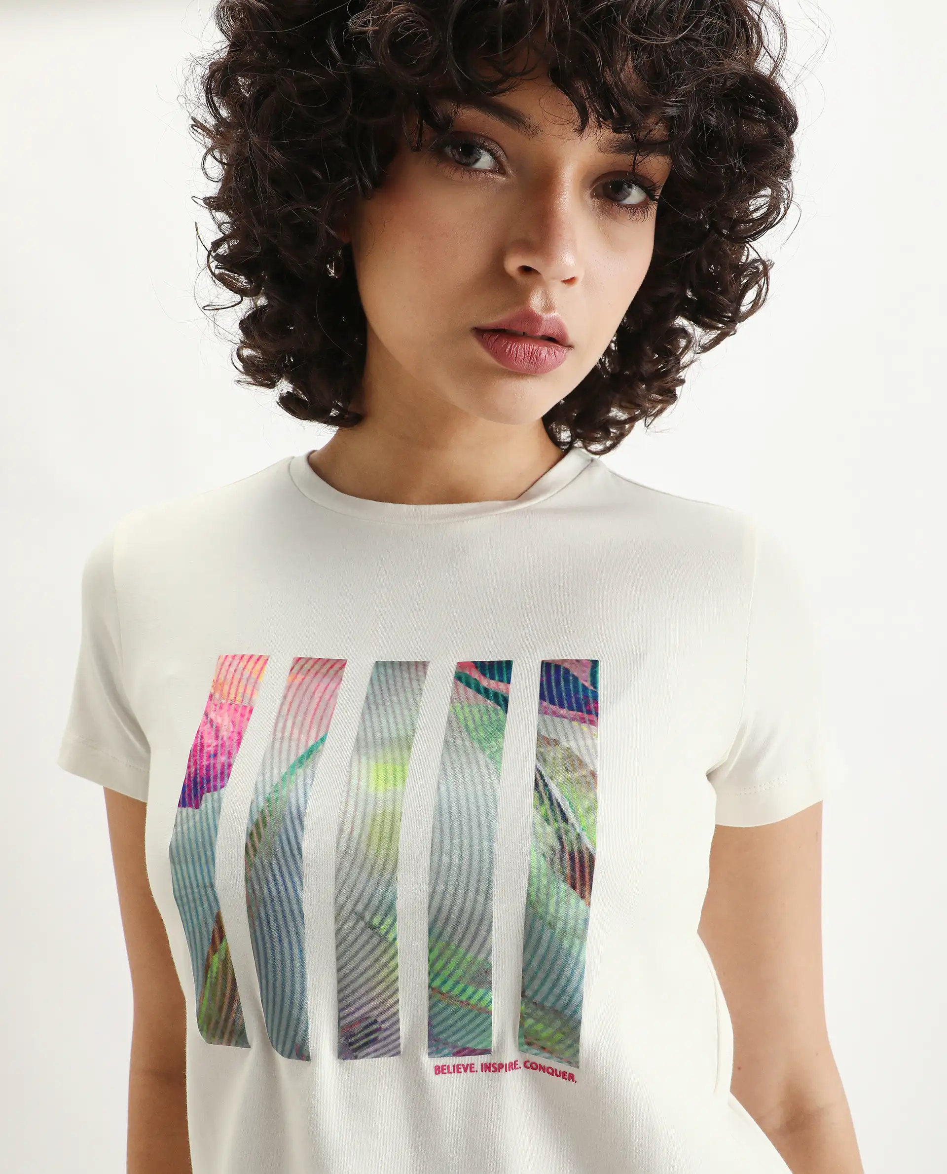 Rareism Women's Merch Off White Cotton Blend Crew Neck Graphic Print Regular Fit T-Shirt - Image 4