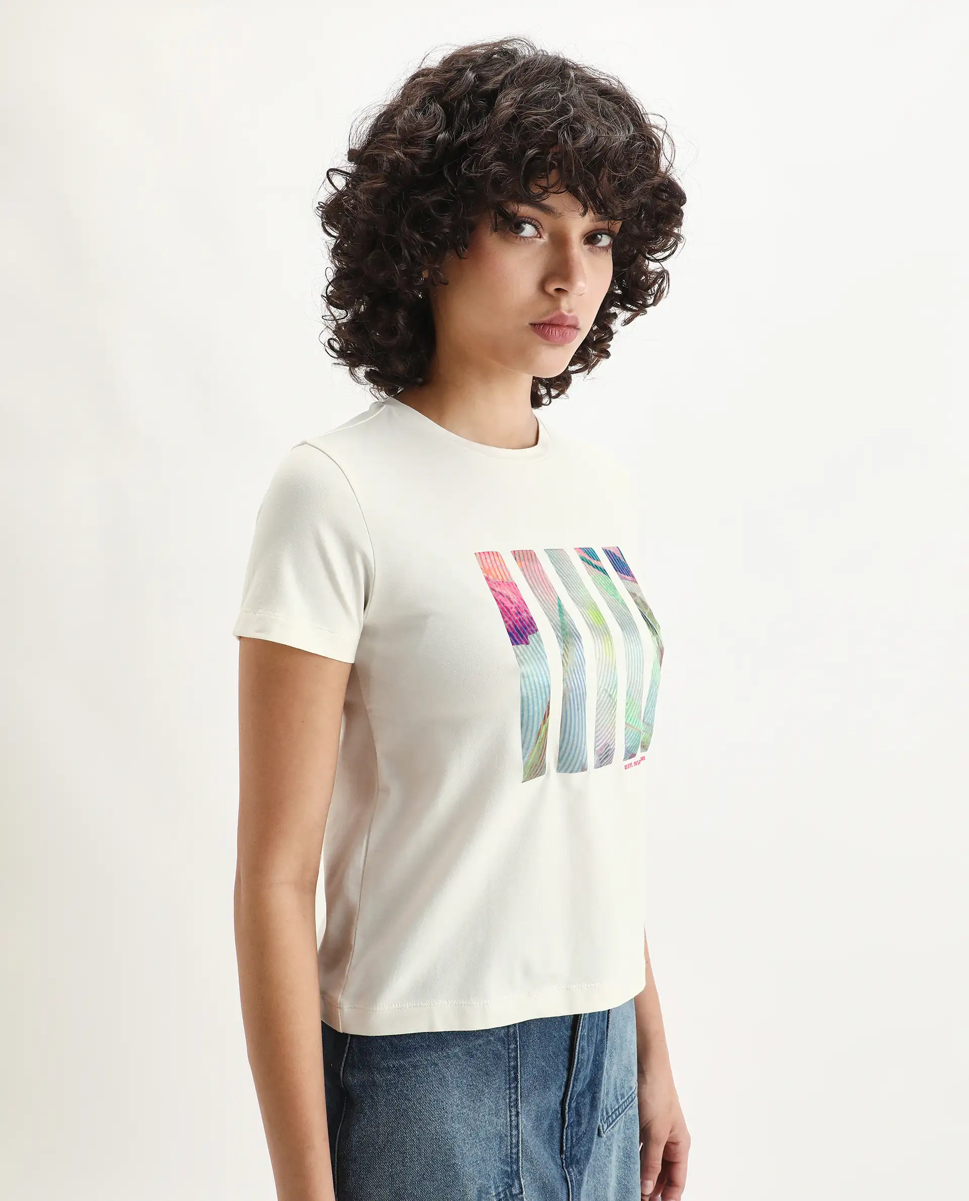 Rareism Women's Merch Off White Cotton Blend Crew Neck Graphic Print Regular Fit T-Shirt - Image 5