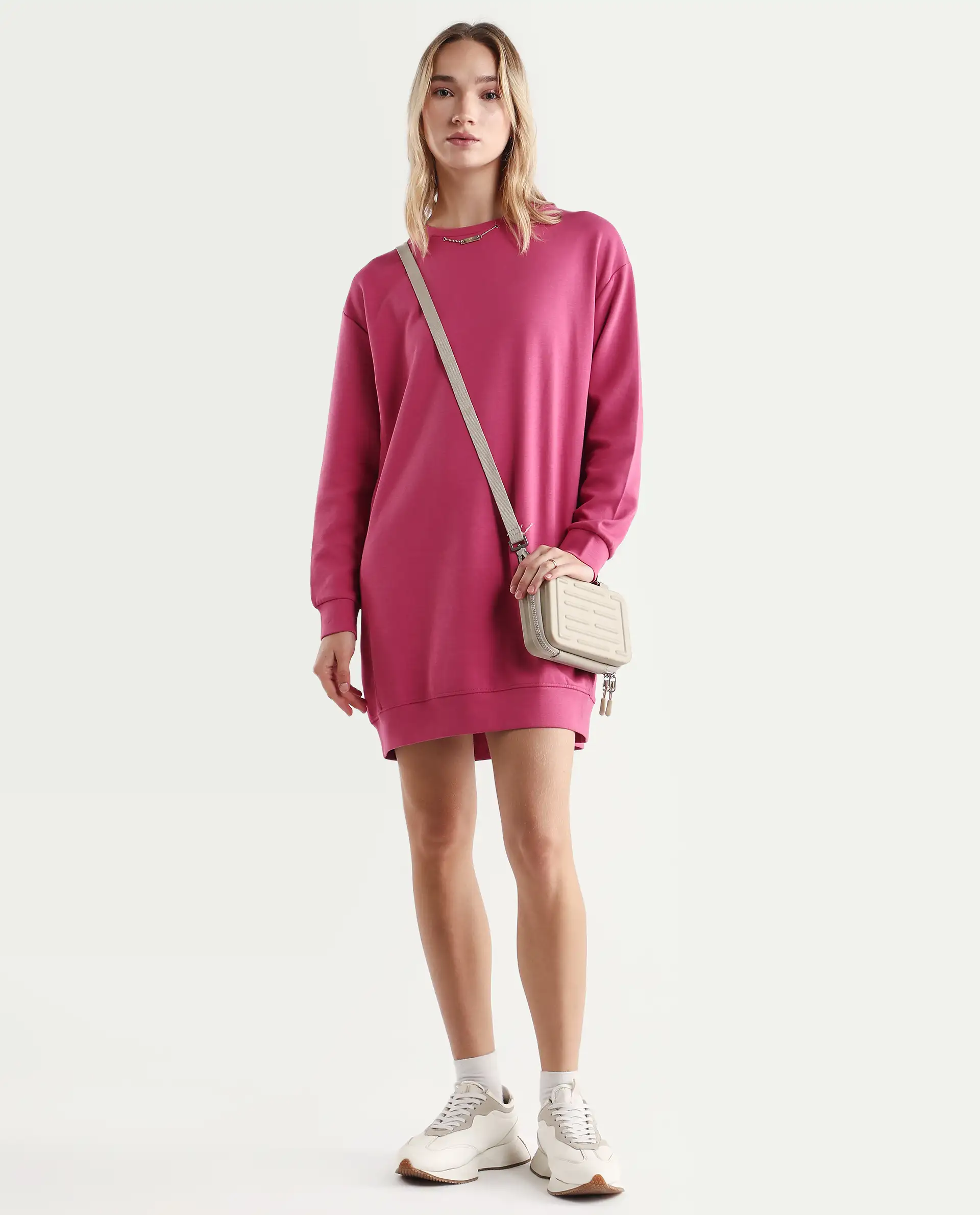 Rareism Women's Merchant Dark Pink Cotton Blend Crew Neck Plain Mini Relaxed Fit Dress - Image 2