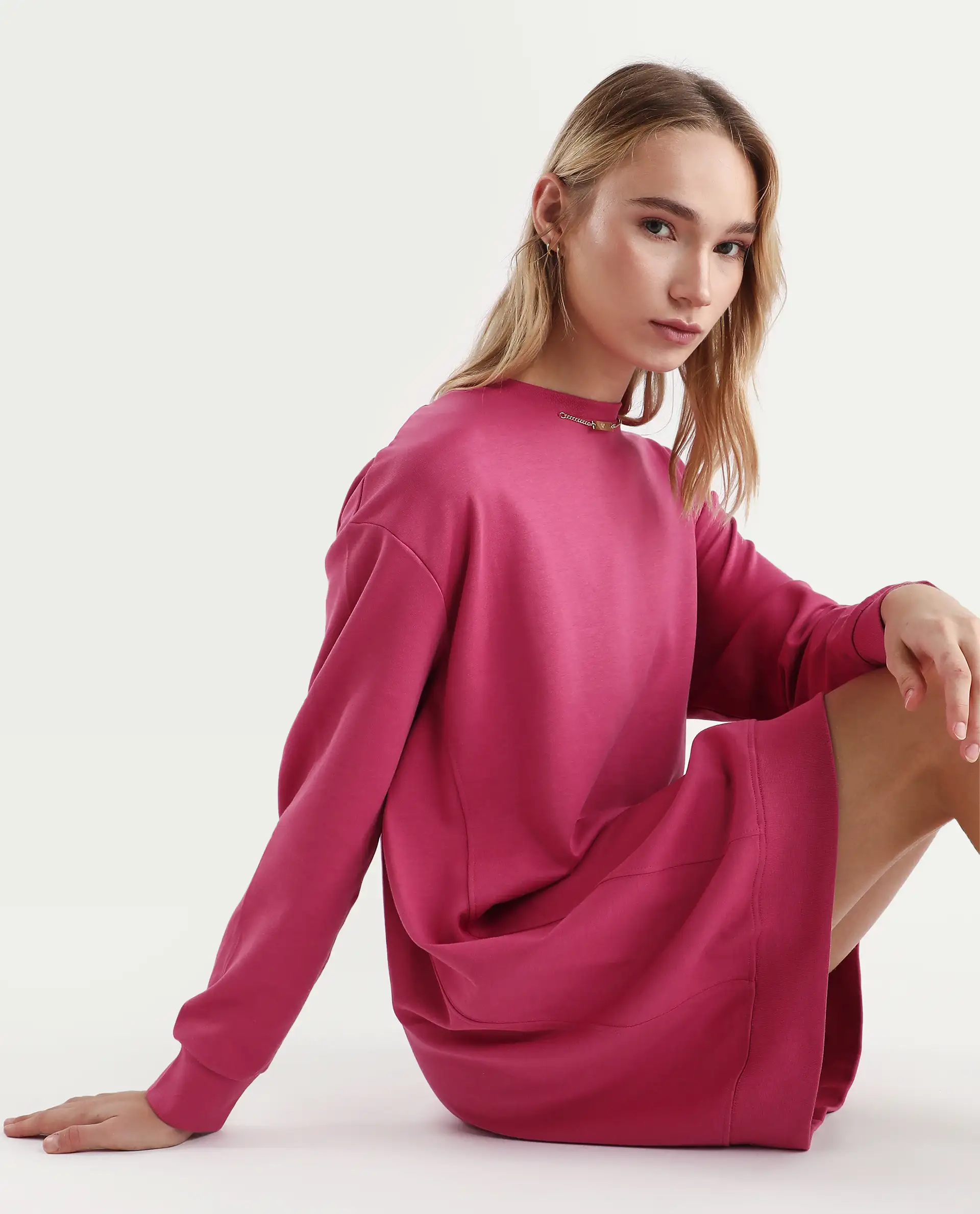 Rareism Women's Merchant Dark Pink Cotton Blend Crew Neck Plain Mini Relaxed Fit Dress - Image 3
