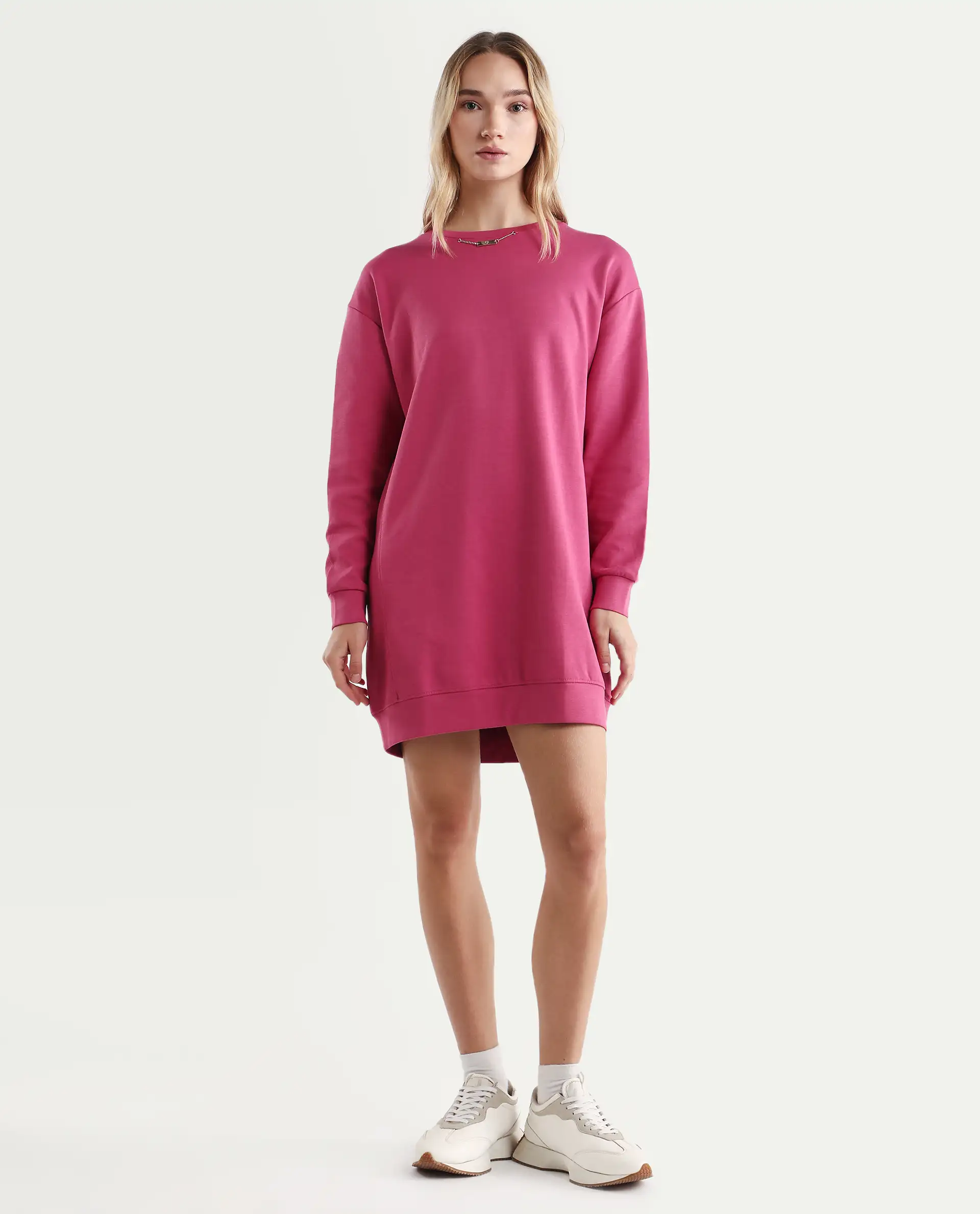 Rareism Women's Merchant Dark Pink Cotton Blend Crew Neck Plain Mini Relaxed Fit Dress - Image 4