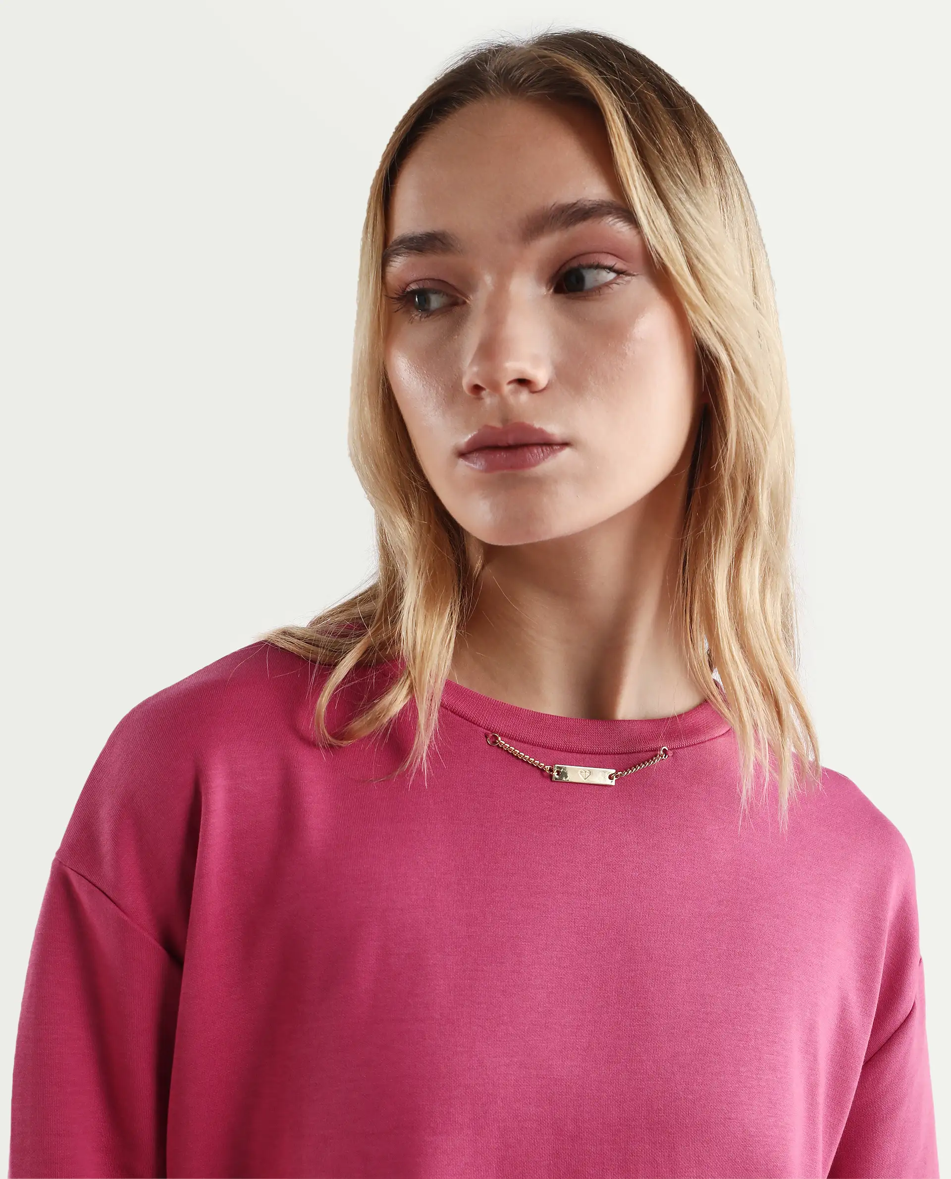 Rareism Women's Merchant Dark Pink Cotton Blend Crew Neck Plain Mini Relaxed Fit Dress - Image 5