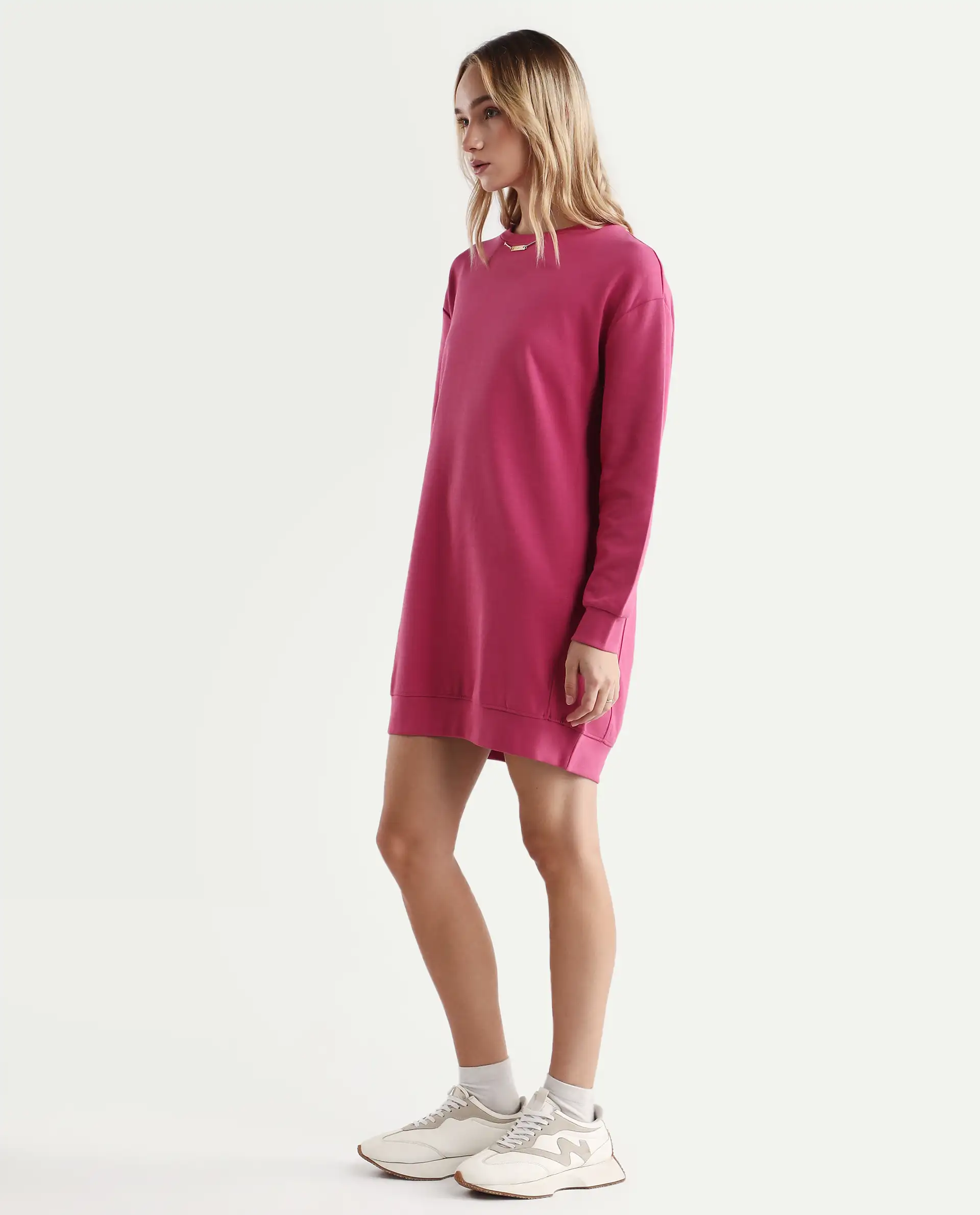 Rareism Women's Merchant Dark Pink Cotton Blend Crew Neck Plain Mini Relaxed Fit Dress - Image 6