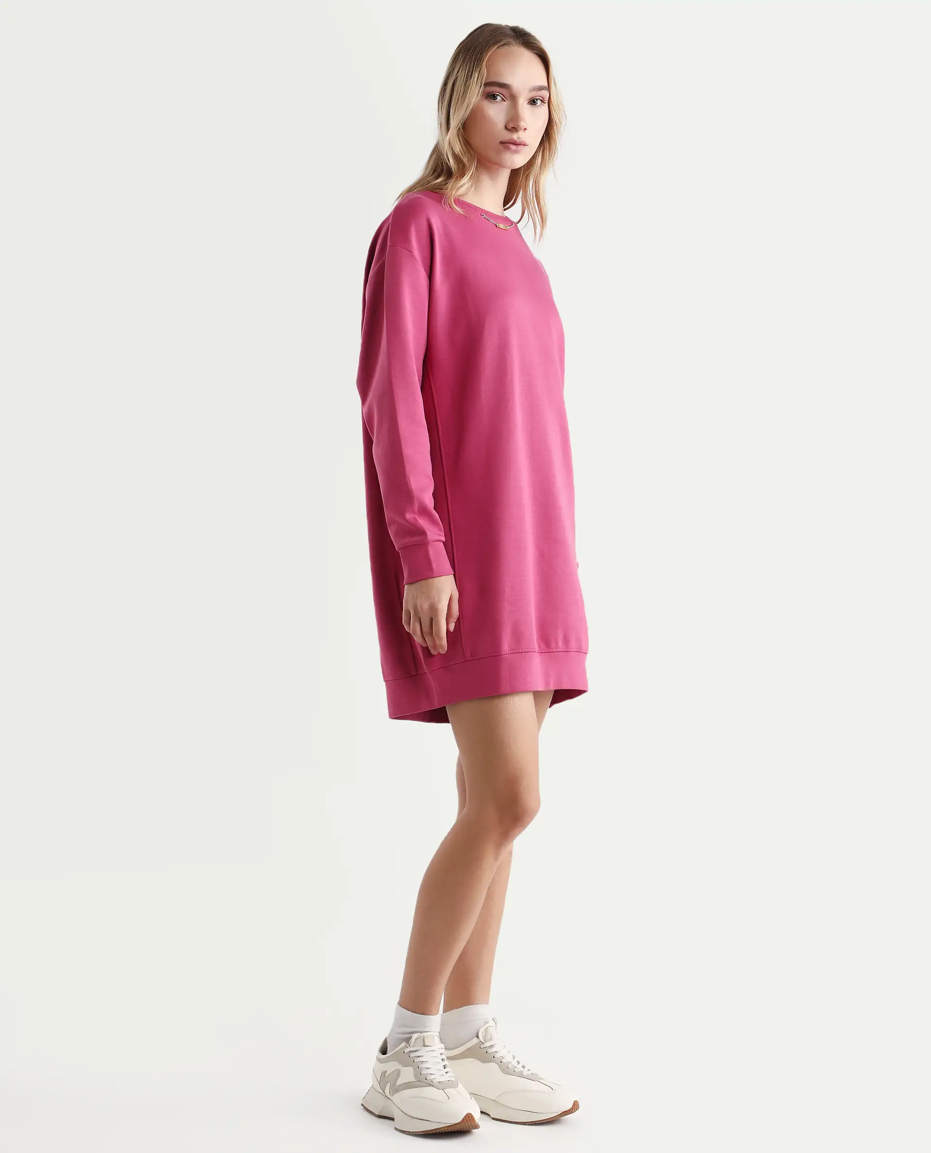 Rareism Women's Merchant Dark Pink Cotton Blend Crew Neck Plain Mini Relaxed Fit Dress - Image 7