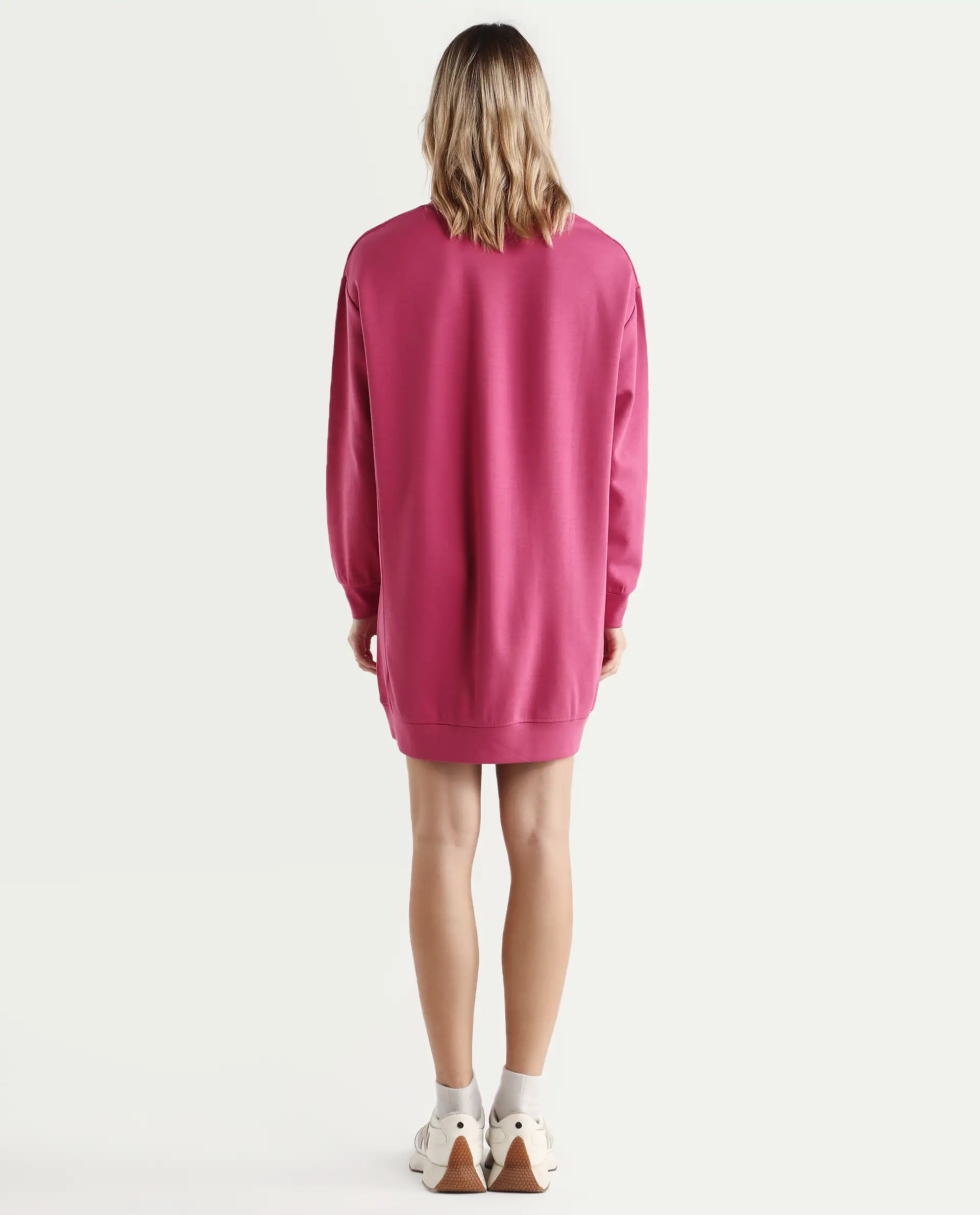 Rareism Women's Merchant Dark Pink Cotton Blend Crew Neck Plain Mini Relaxed Fit Dress - Image 8