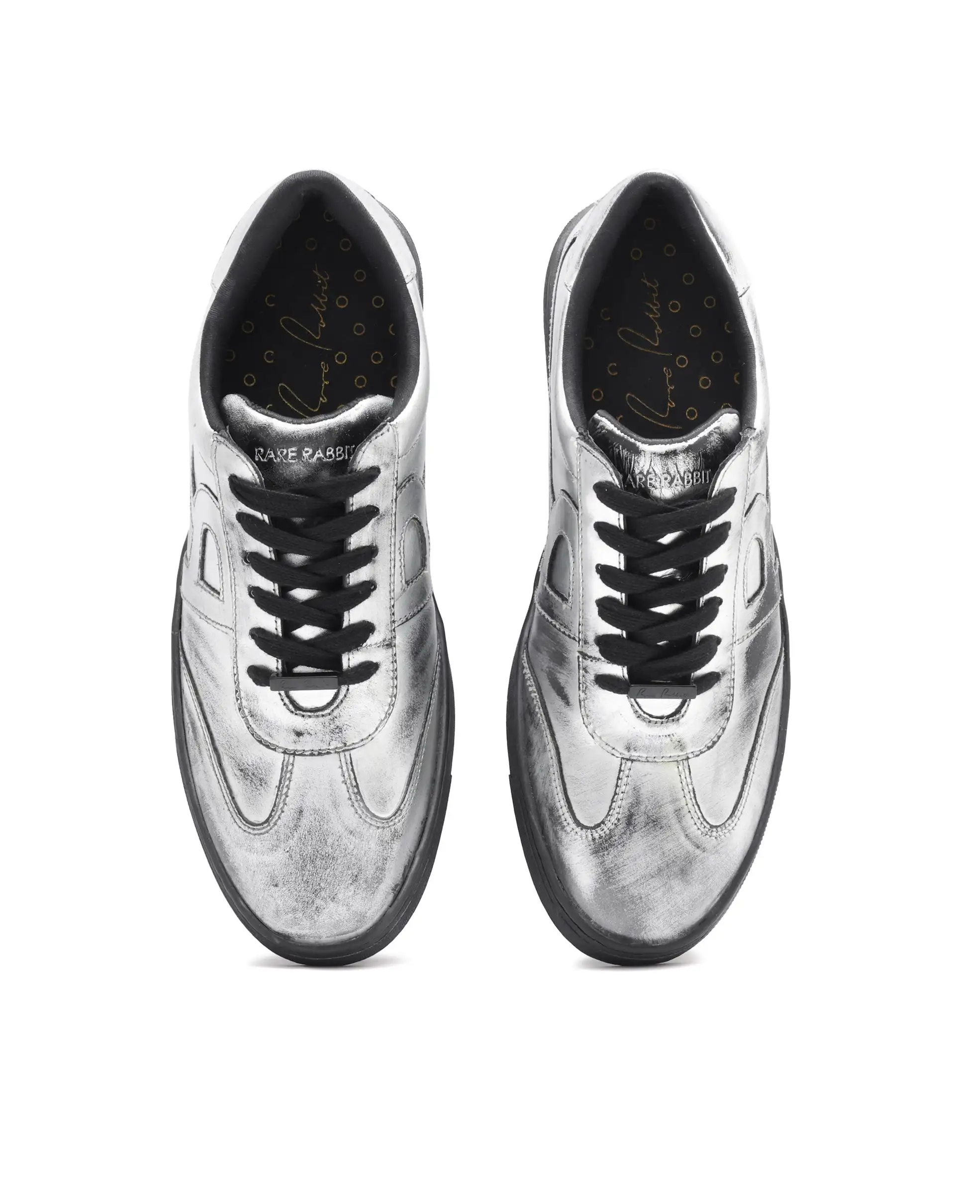Rare Rabbit Mens Mercure Metallic Silver Round Toe Shiny Burnt Leather Sneaker Shoes - Image 2