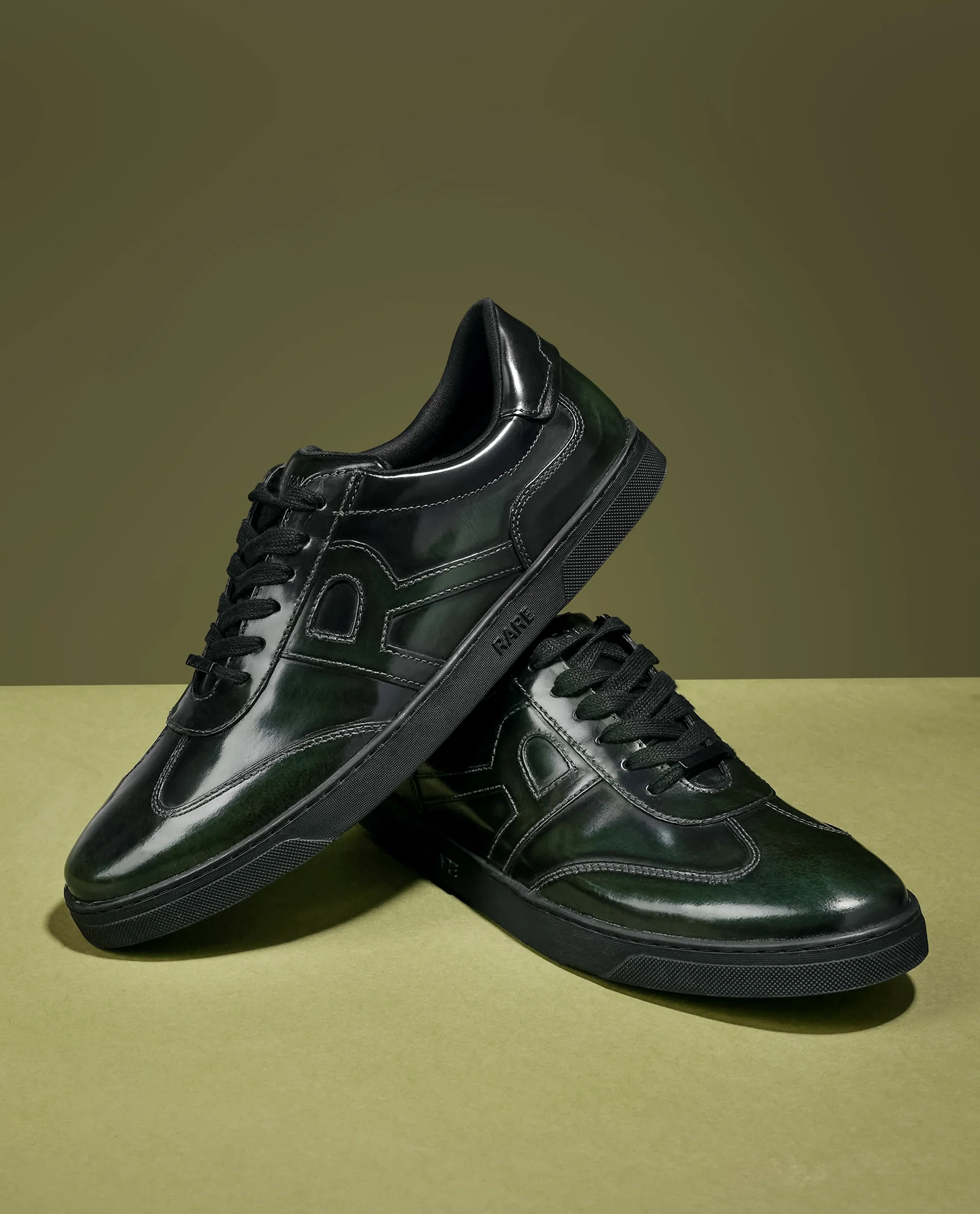 Rare Rabbit Mens Mercury Green Shiny Brush Off Leather Lace Up Low Top Round Toe Smart Casual Sneaker Shoes - Image 2
