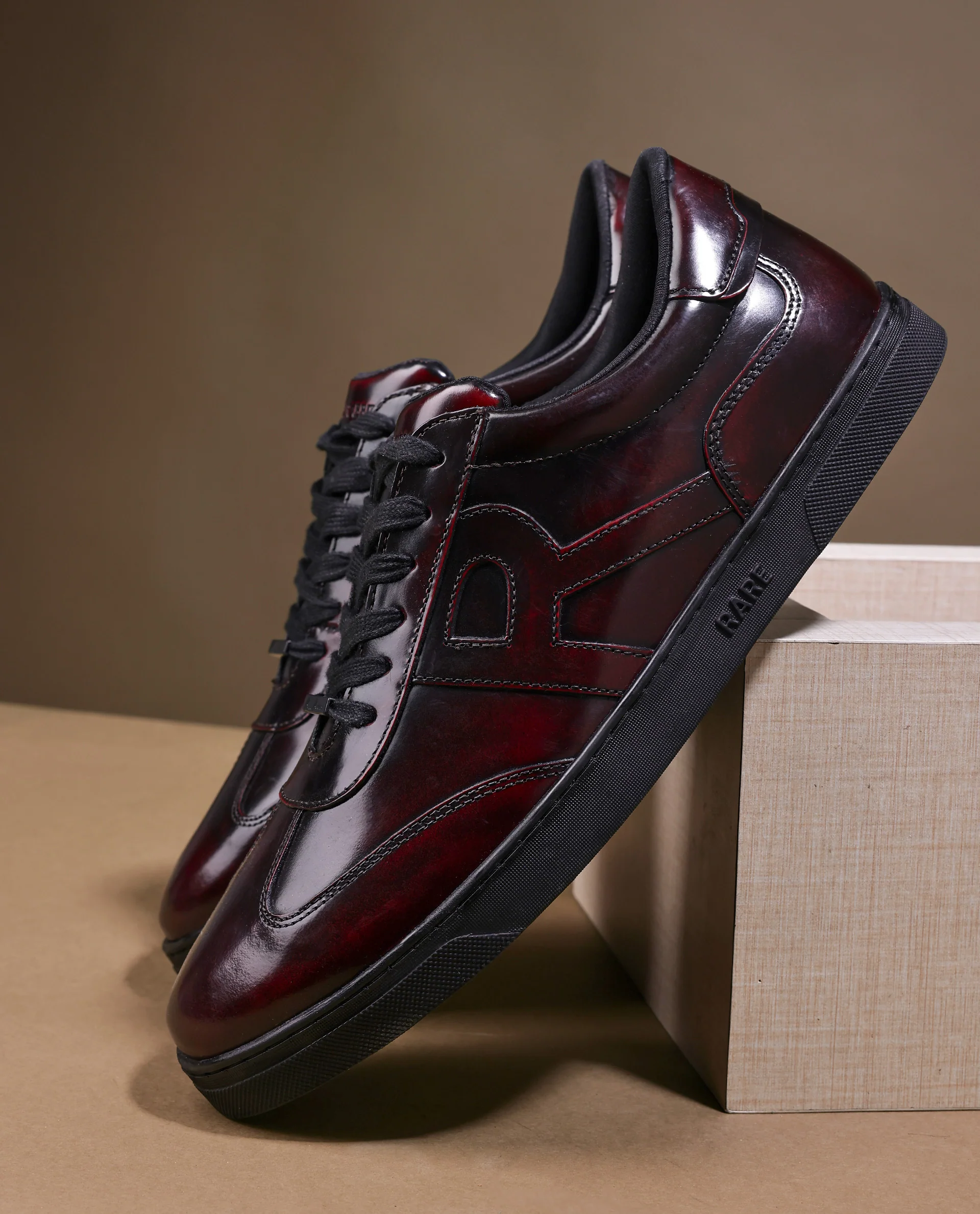 Rare Rabbit Mens Mercury Maroon Shiny Brush Off Leather Lace Up Low Top Round Toe Smart Casual Sneaker Shoes - Image 2