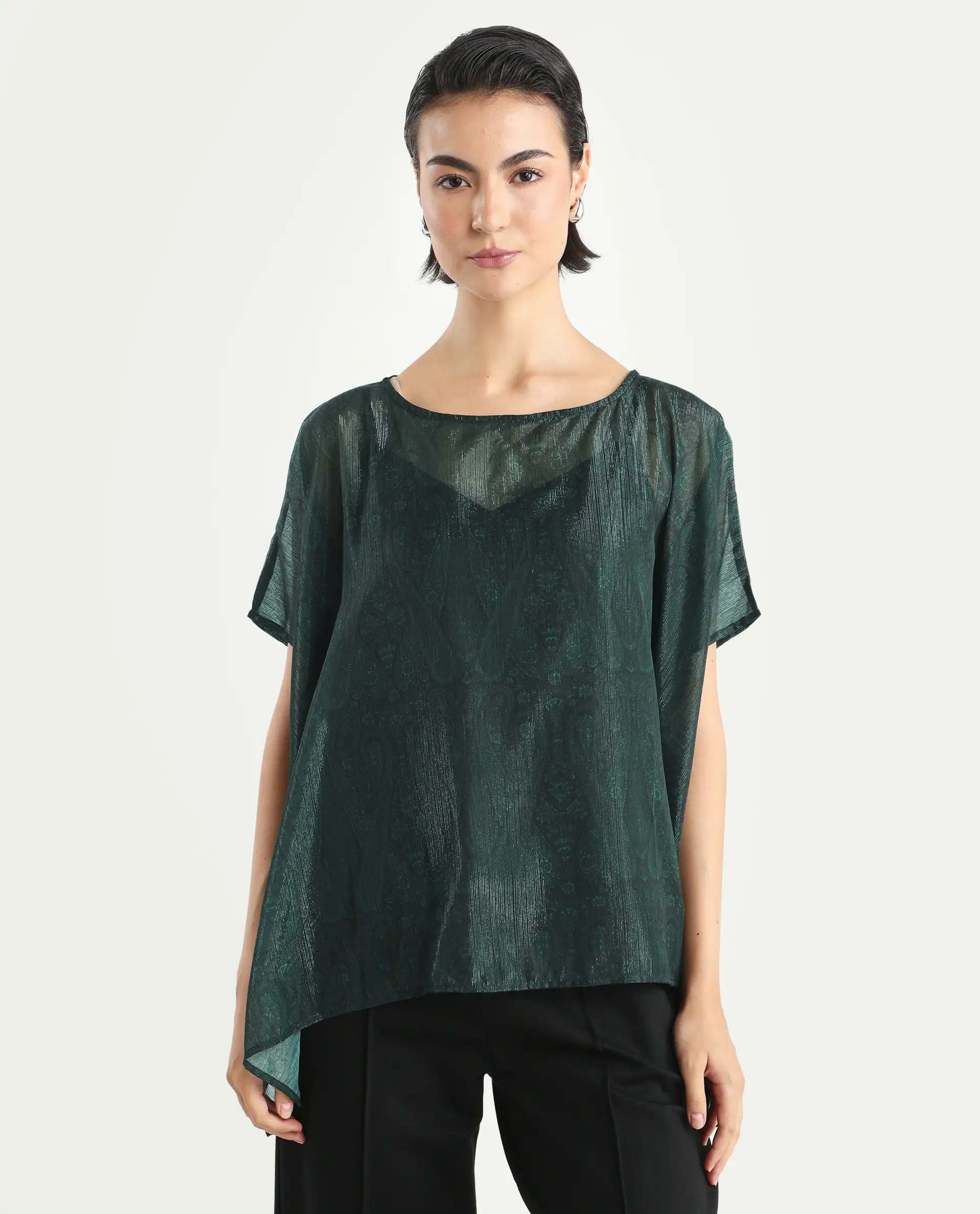 Rareism Women's Meresa Dark Green Polyester Boat Neck Plain Regular Fit Top - Image 3