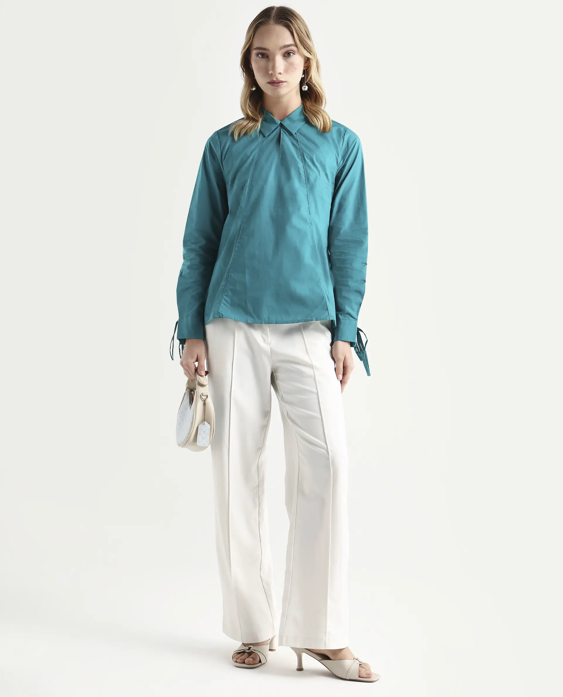 Rareism Women's Merge Petrol Cotton Spread Collar Plain Tailored Top - Image 2
