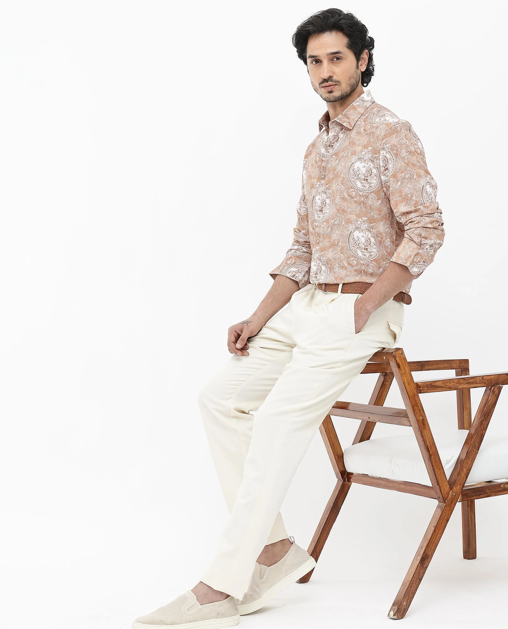 Rare Rabbit Men's Meridin Beige Viscose Decorative Print Regular Fit Full Sleeve Collared Shirt - Image 2