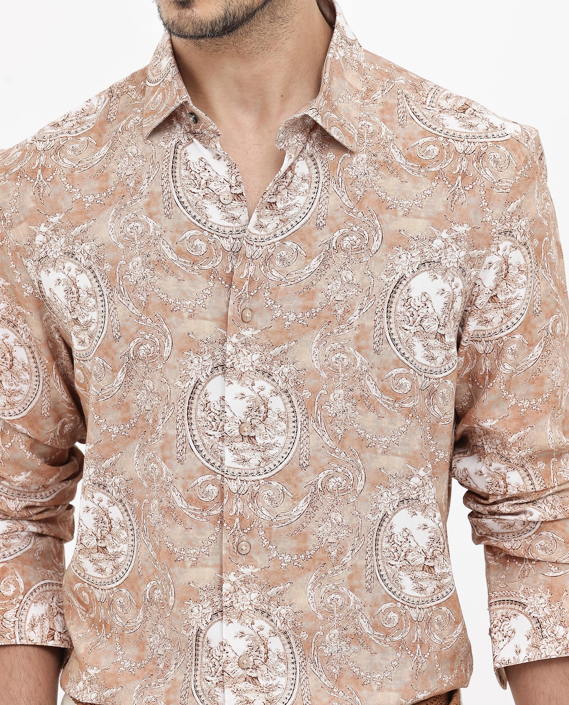 Rare Rabbit Men's Meridin Beige Viscose Decorative Print Regular Fit Full Sleeve Collared Shirt - Image 3