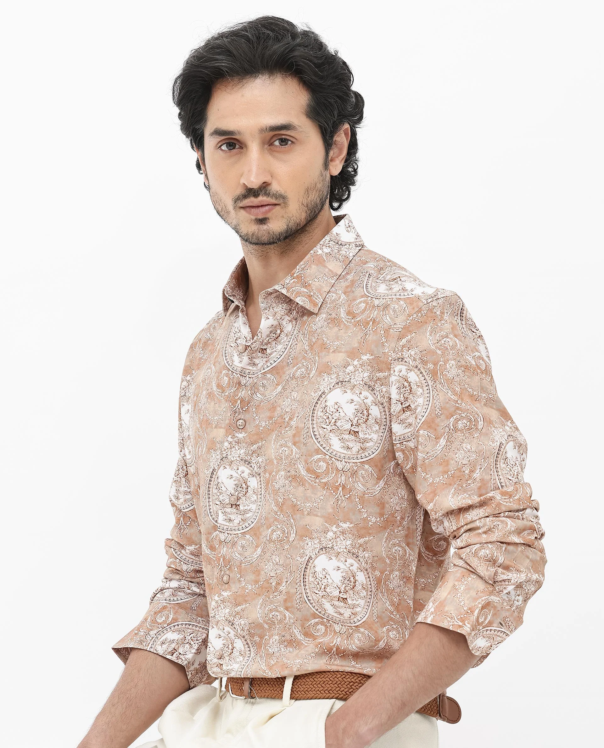 Rare Rabbit Men's Meridin Beige Viscose Decorative Print Regular Fit Full Sleeve Collared Shirt - Image 4
