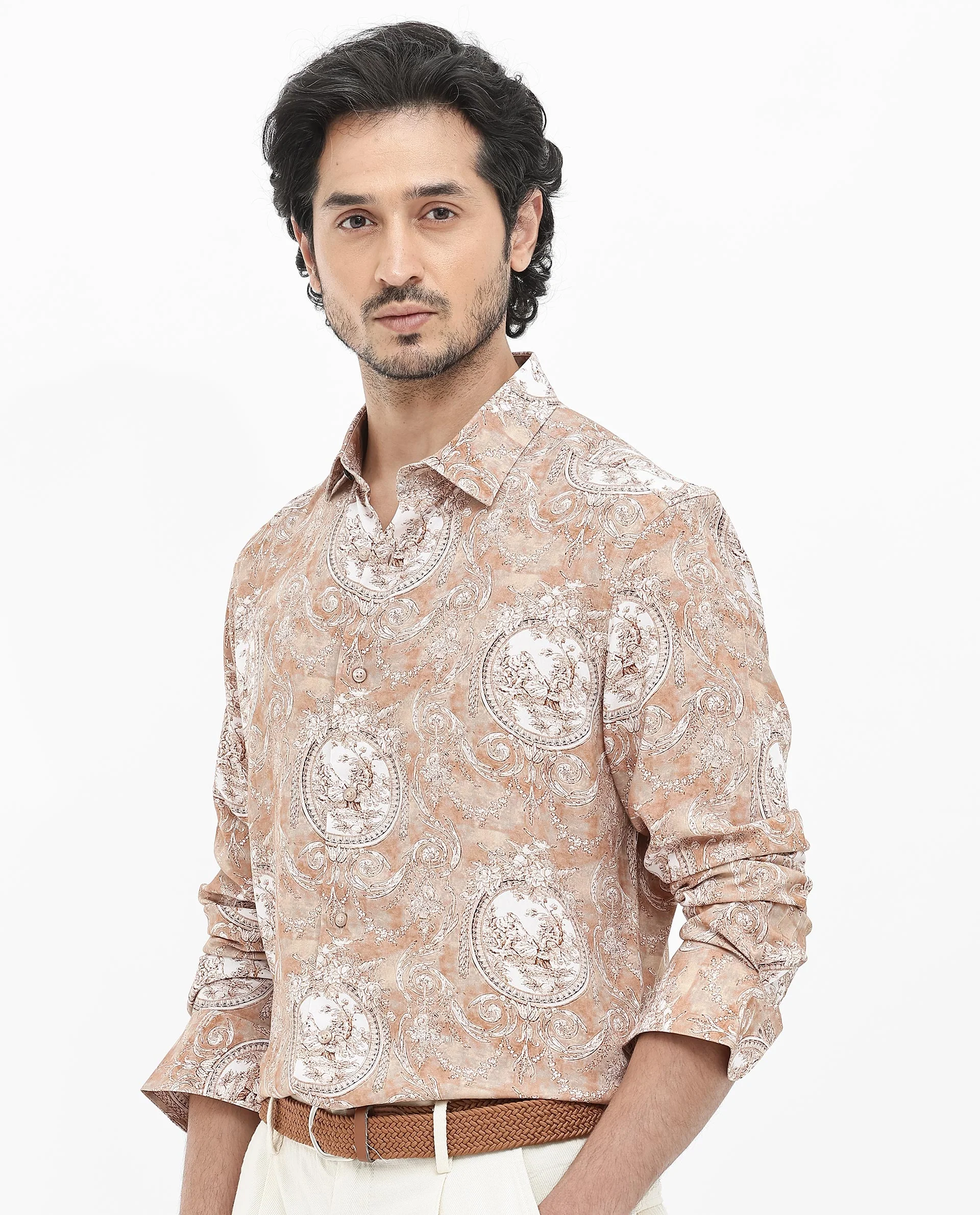 Rare Rabbit Men's Meridin Beige Viscose Decorative Print Regular Fit Full Sleeve Collared Shirt - Image 6