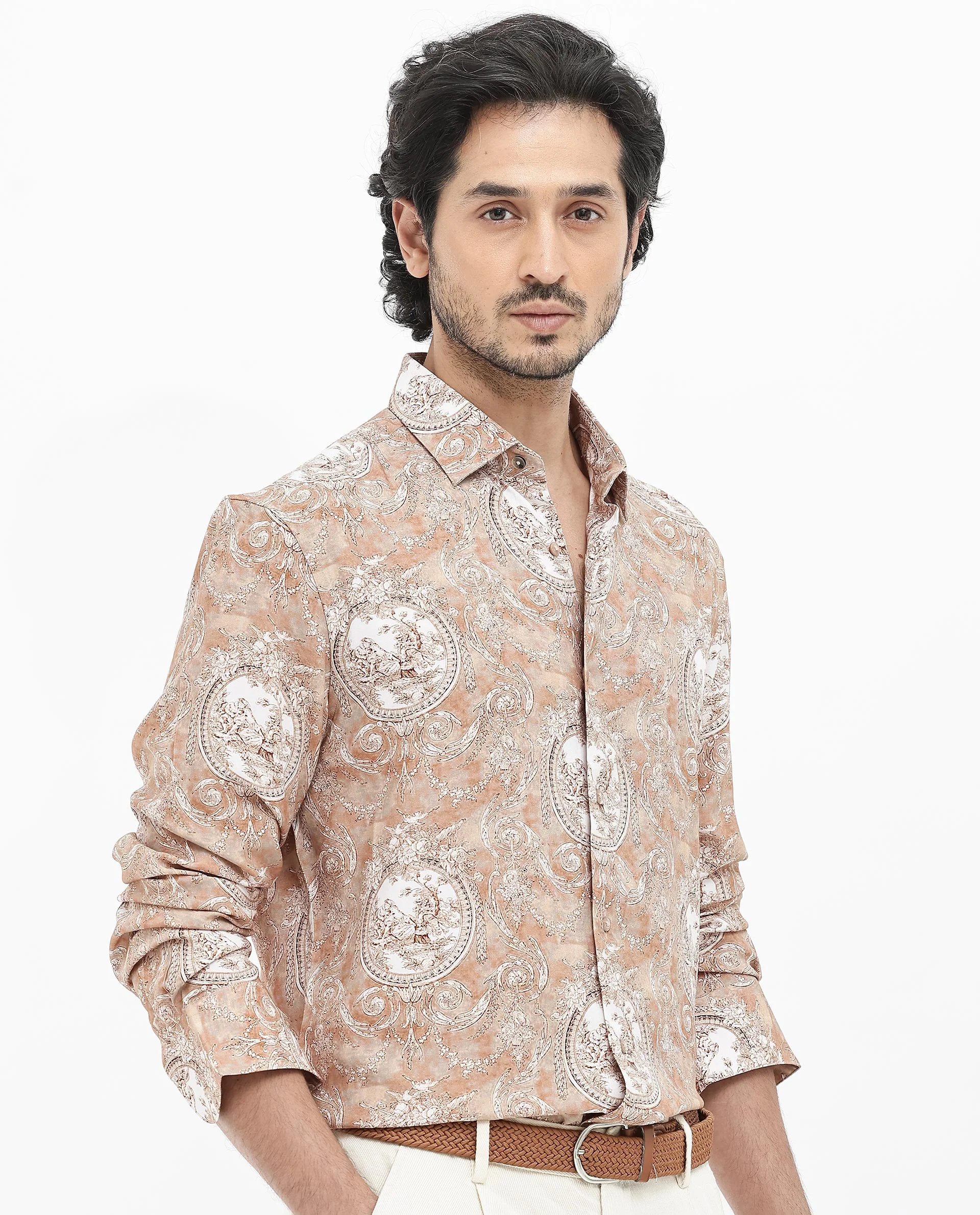 Rare Rabbit Men's Meridin Beige Viscose Decorative Print Regular Fit Full Sleeve Collared Shirt - Image 7
