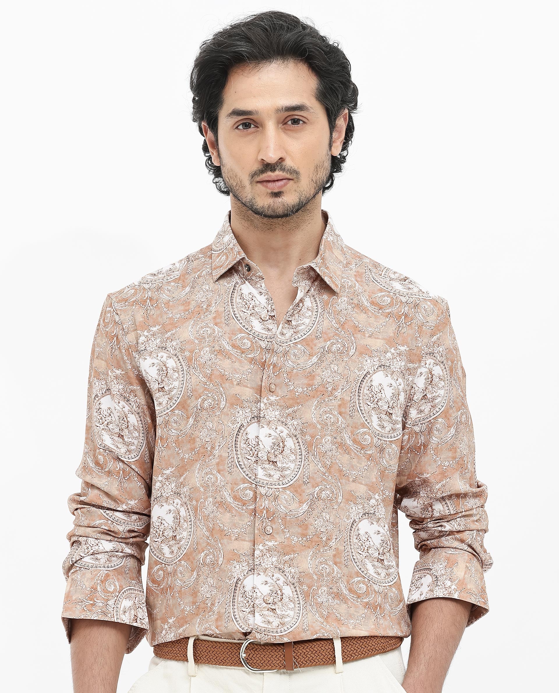 Rare Rabbit Men's Meridin Beige Viscose Decorative Print Regular Fit Full Sleeve Collared Shirt - Image 8