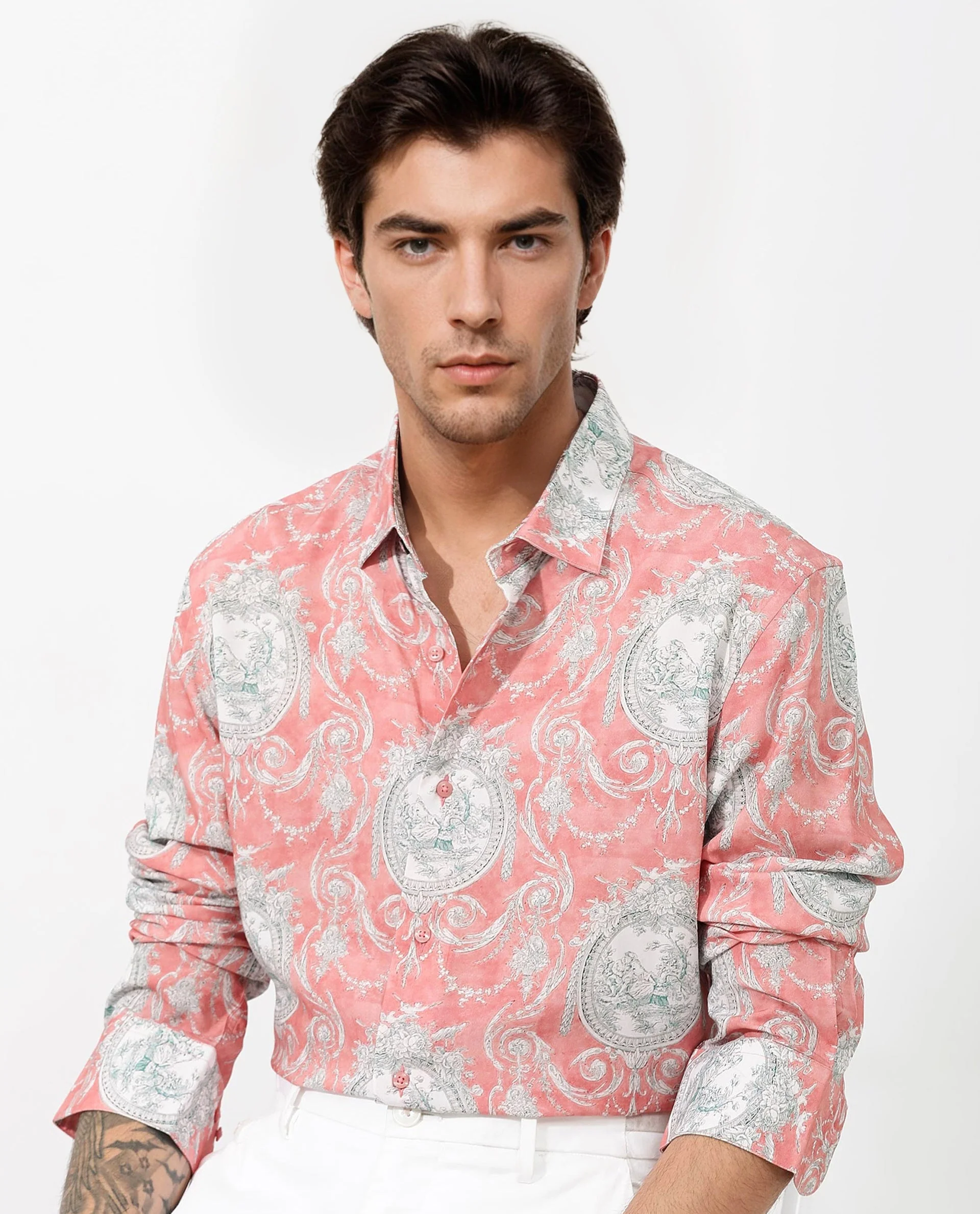 Rare Rabbit Men's Meridin Dusky Peach Viscose Decorative Print Regular Fit Full Sleeve Collared Shirt - Image 10