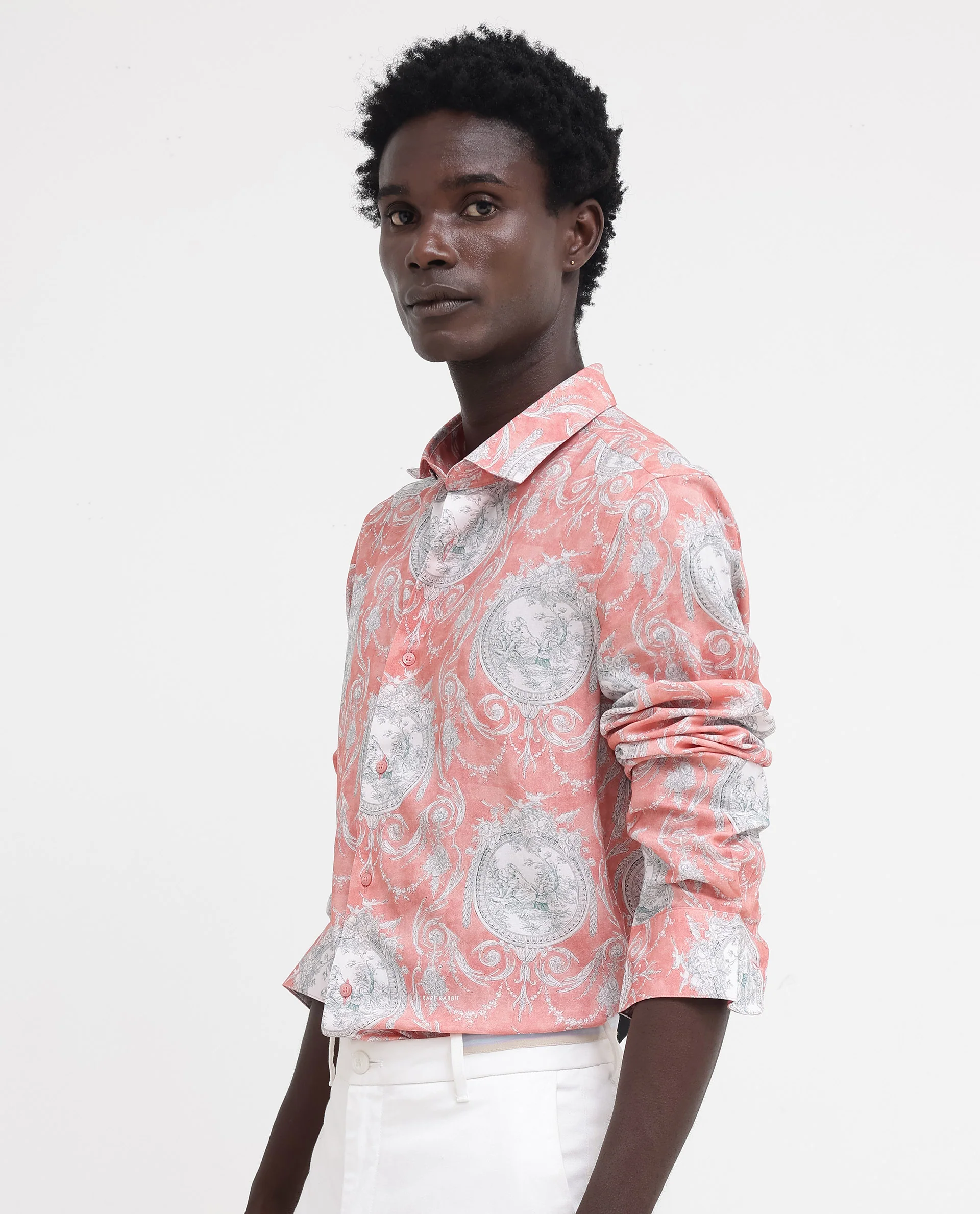 Rare Rabbit Men's Meridin Dusky Peach Viscose Decorative Print Regular Fit Full Sleeve Collared Shirt - Image 3