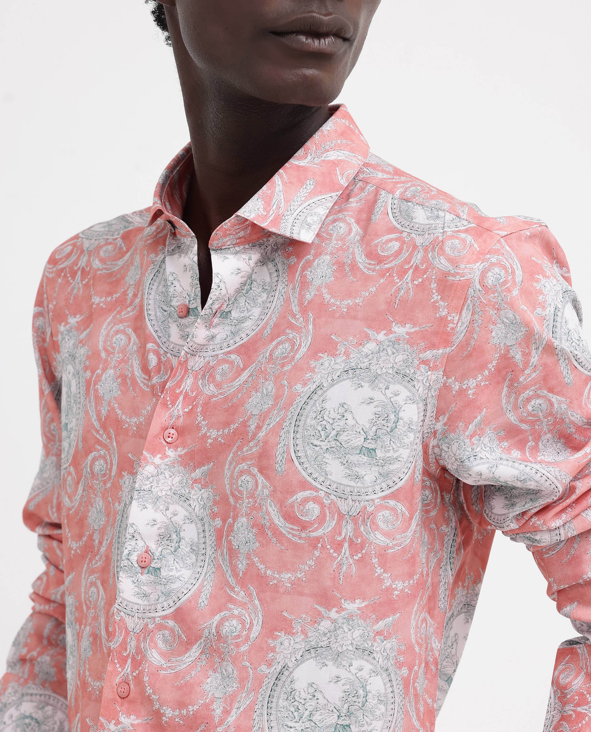 Rare Rabbit Men's Meridin Dusky Peach Viscose Decorative Print Regular Fit Full Sleeve Collared Shirt - Image 5