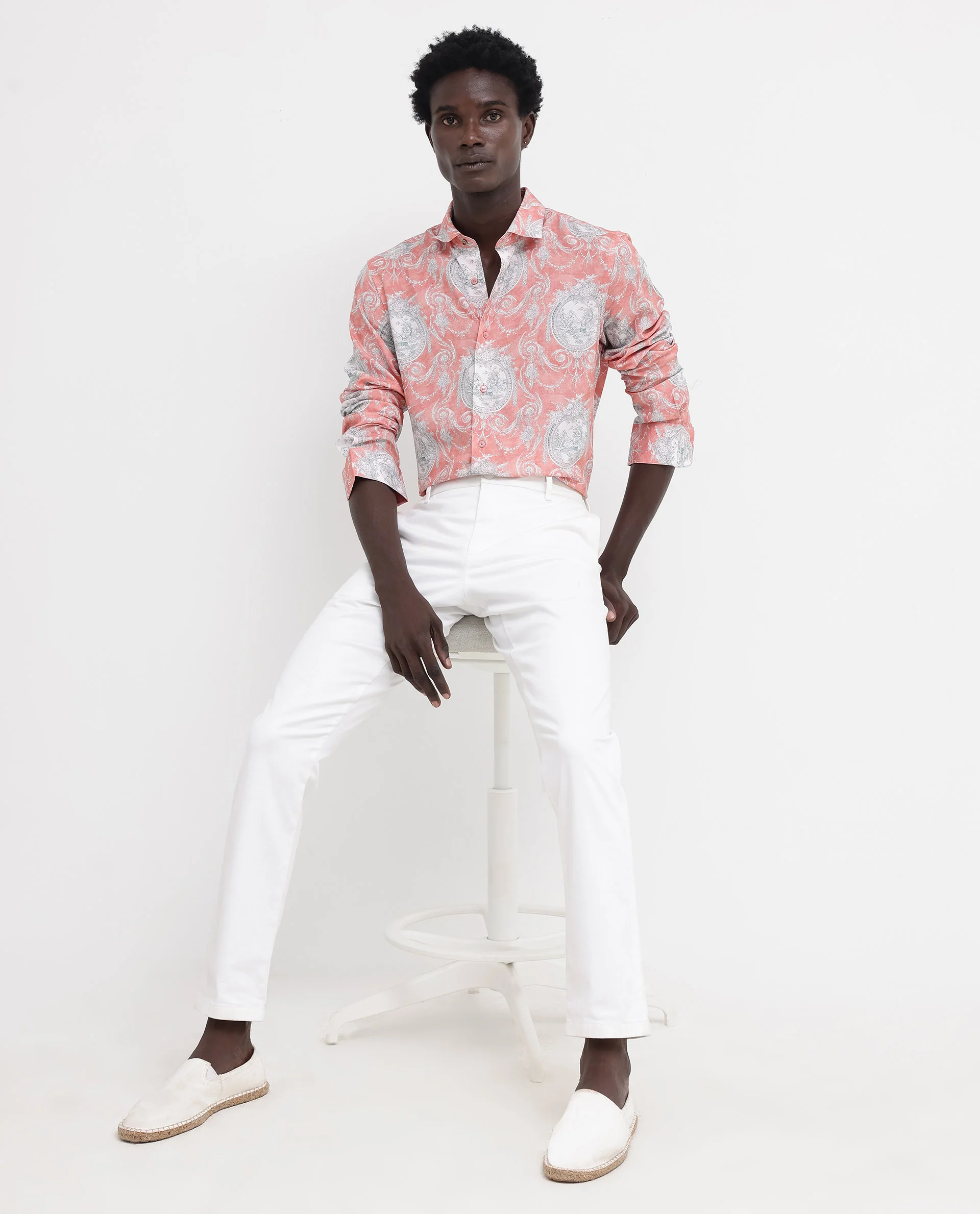 Rare Rabbit Men's Meridin Dusky Peach Viscose Decorative Print Regular Fit Full Sleeve Collared Shirt - Image 6
