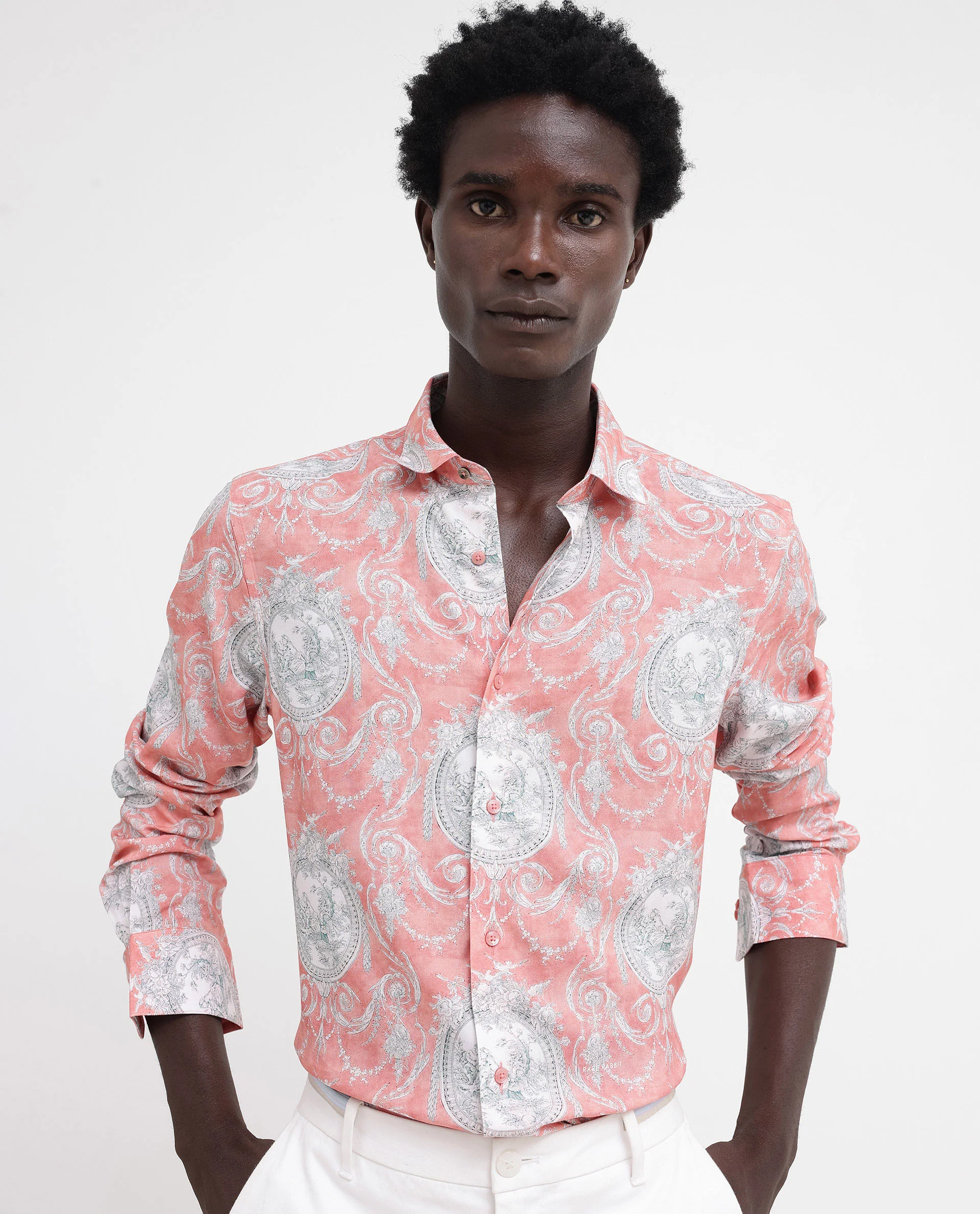 Rare Rabbit Men's Meridin Dusky Peach Viscose Decorative Print Regular Fit Full Sleeve Collared Shirt - Image 7
