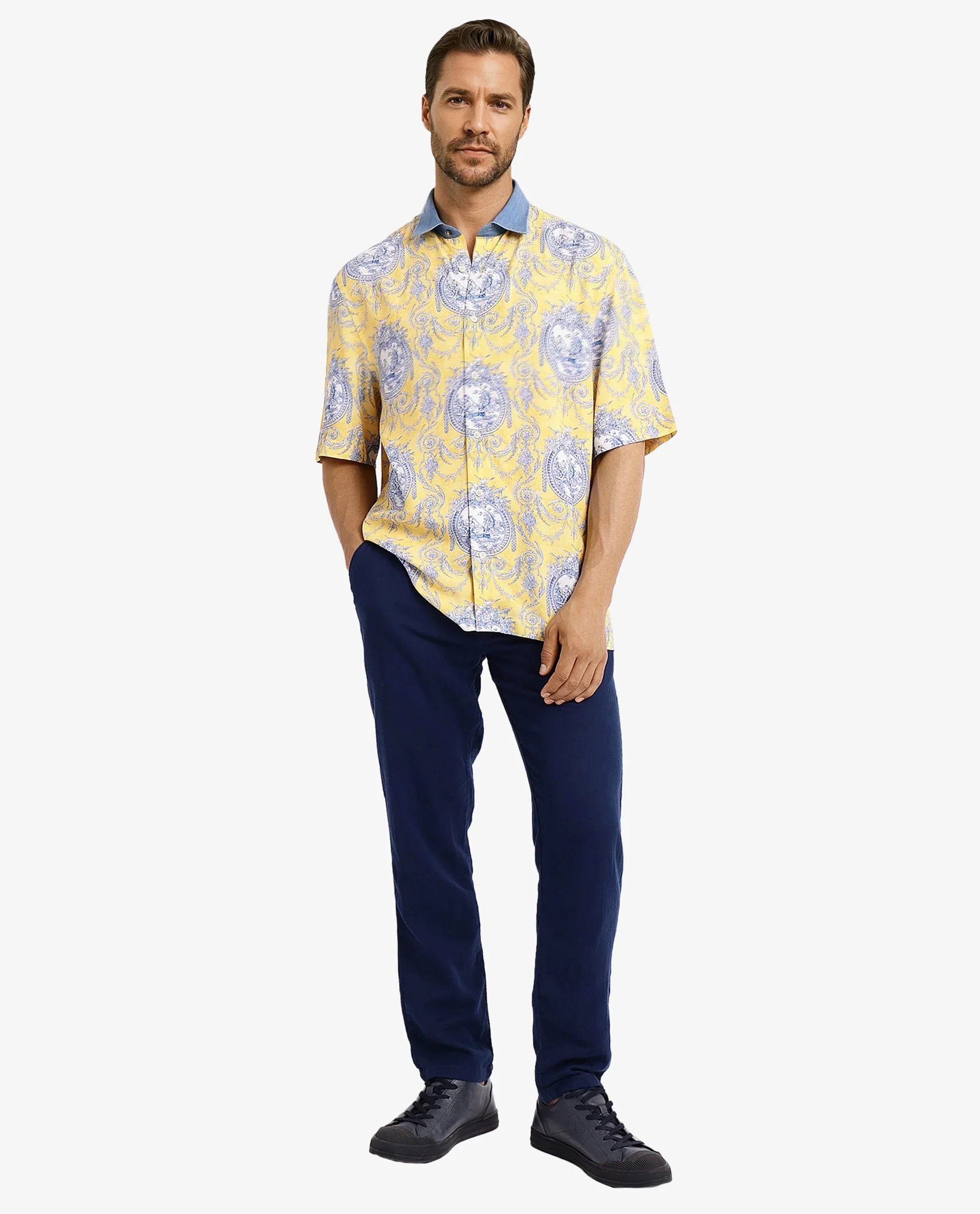 Rare Rabbit Men's Meridin Ss Yellow Viscose Decorative Print Boxy Fit Half Sleeve Collared Shirt - Image 3